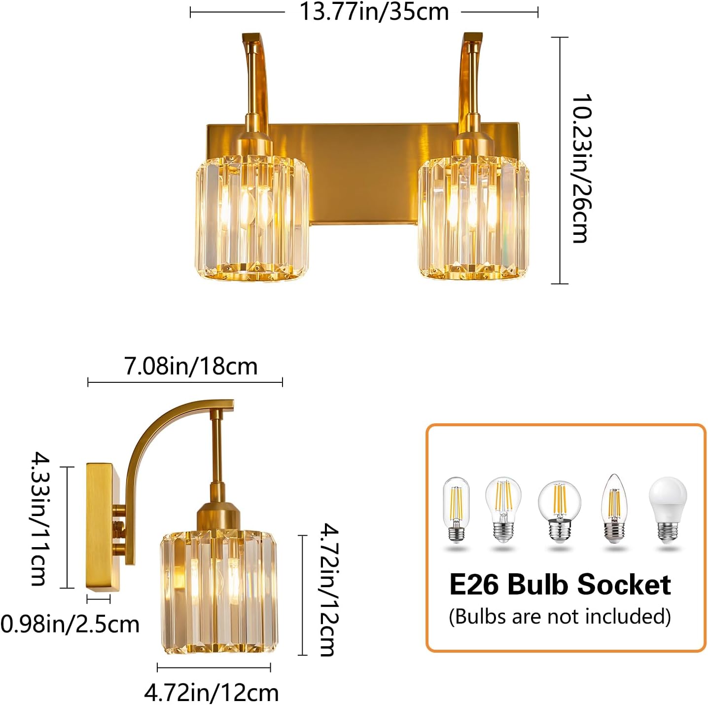 Bathroom Crystal Vanity Lights 2-Light Gold Wall Lamp Modern Crystal Bathroom Light Fixtures Over Mirror 13.77" Long Wall Sconce