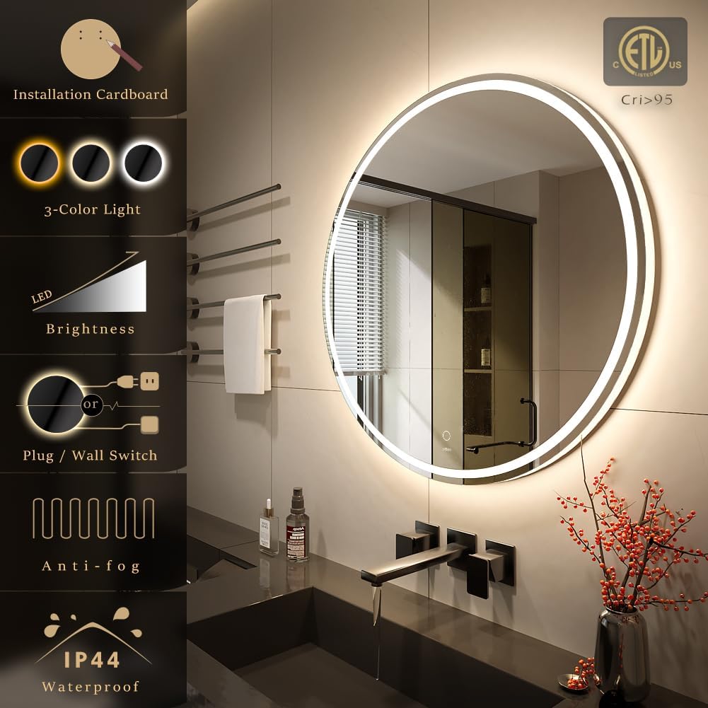 KWW Round Mirror Bathroom LED Lighted Mirror, Illuminated Dimmable Anti-Fog Wall-Mounted Makeup Vanity Mirror with Lights (36 inches)