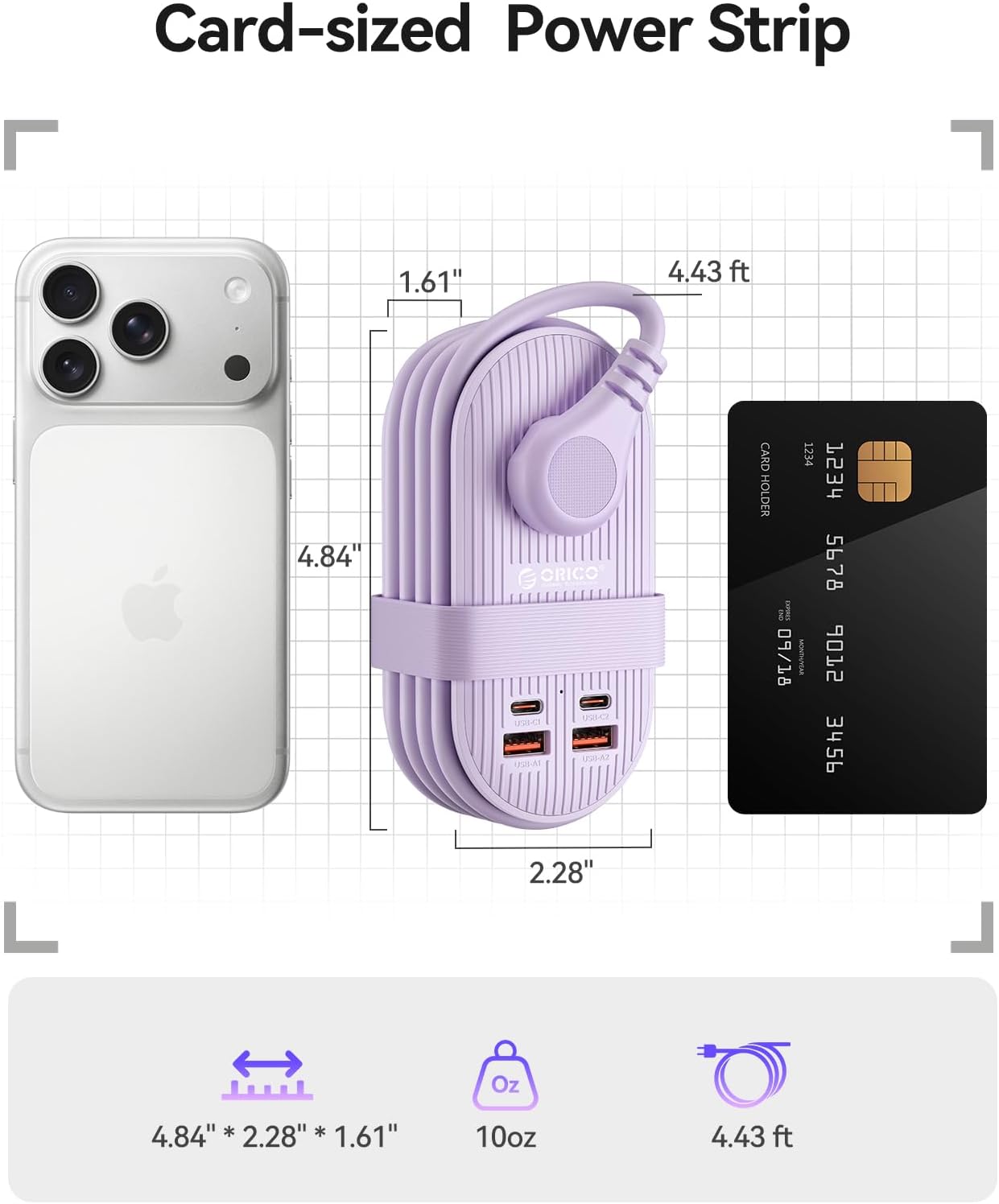 ORICO 65W USB Travel Power Strip, 7 in 1 Charging Station with 3AC, 2 USB-A, 2 USB-C, Flat Plug and 4ft Thin Extension Cord, Fast Charger for MacBook, iPad, iPhone 17/16/15 - TK65