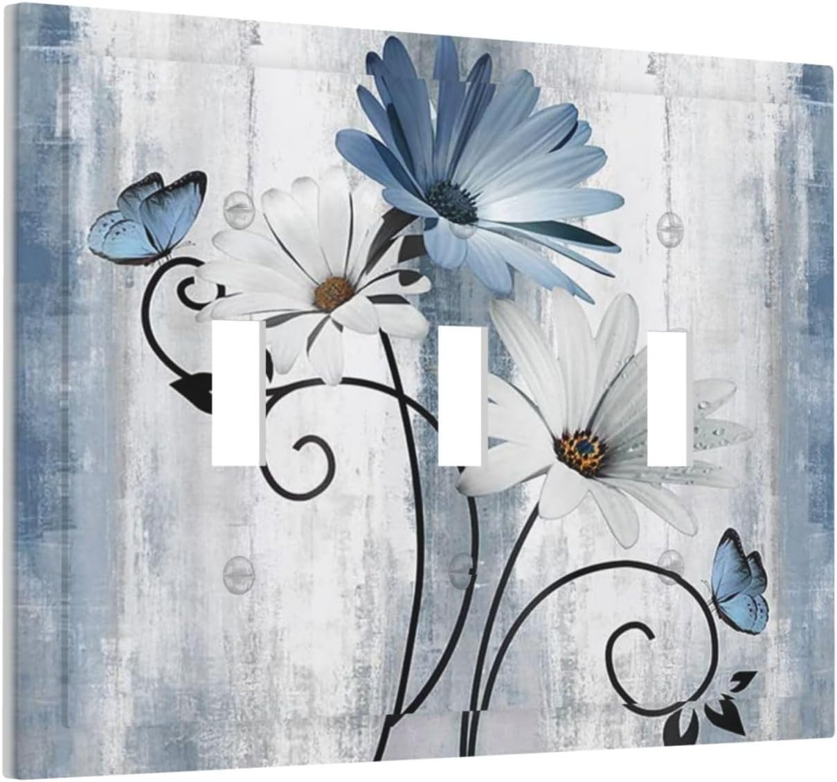 Decorative Light Switch Cover Plate Rustic Blue White Daisy Ink Flower 3 Gang Wall Plates for Electrical Outlets Triple Toggle Switch Plate Covers Outlet Covers Faceplate for Home Decor