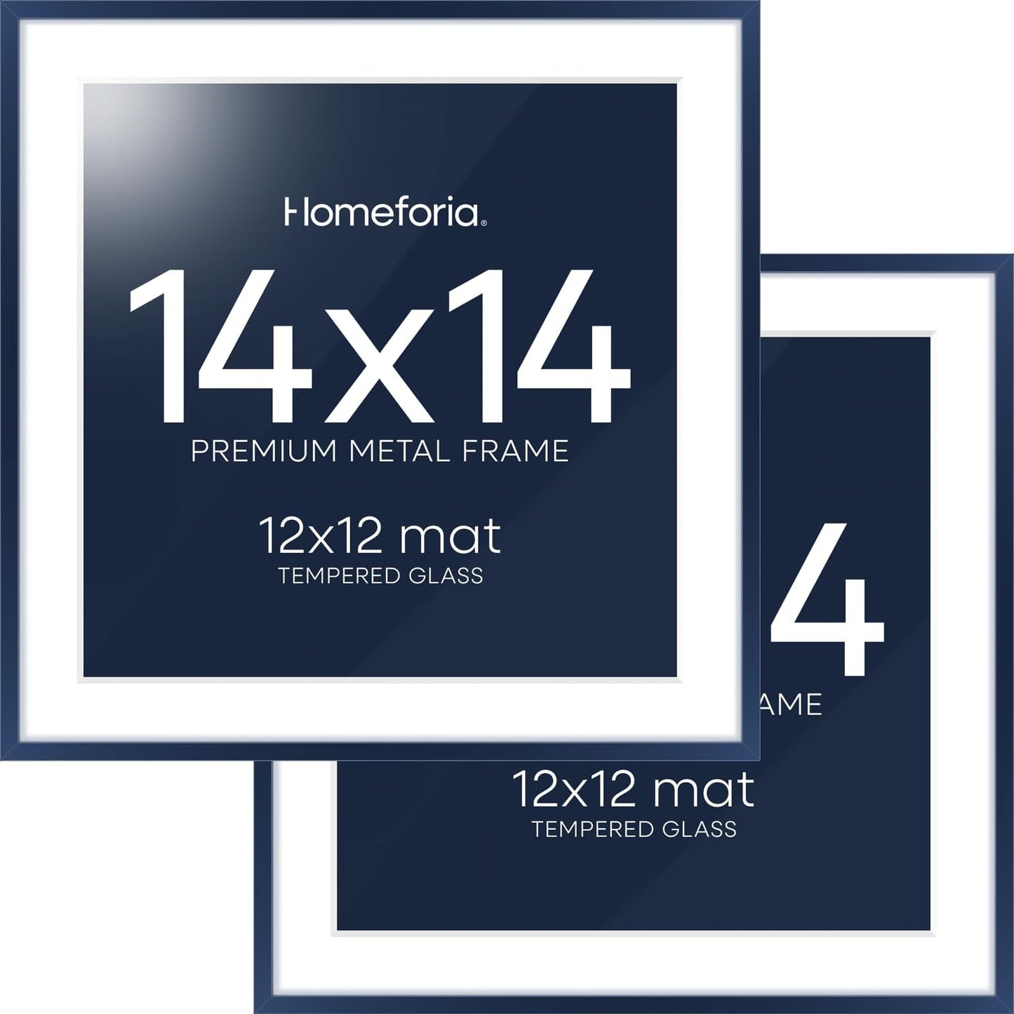 Homeforia 14x14 Picture Frame Navy Blue, High End Metal 14 x 14 Square Poster Frame with Mat 12 x 12 Photo, 14x14 Frame Matted to 12x12 Print, 14by14 Hanging Frames, Tempered Glass, Wall Kit, Set of 2