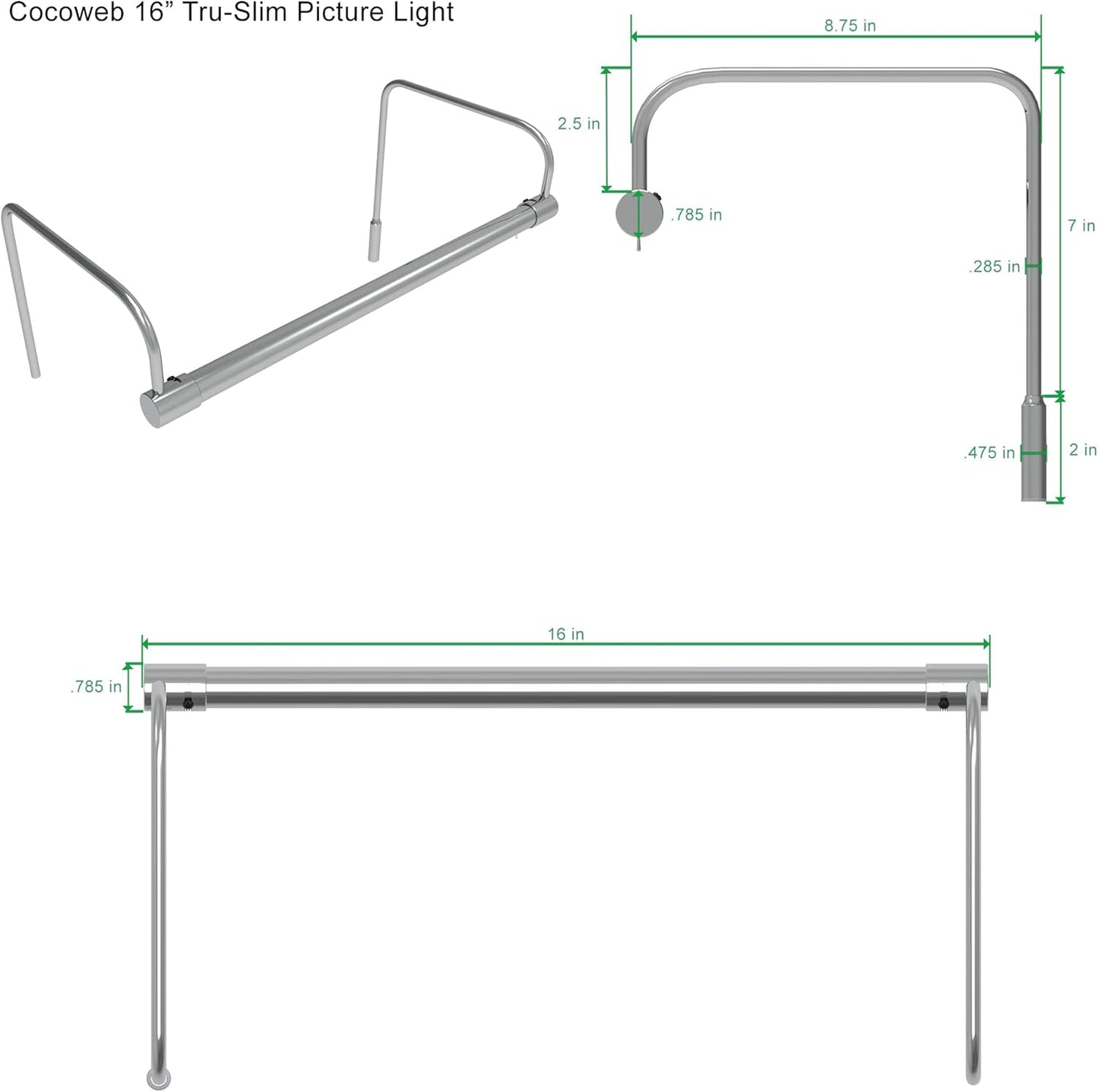 Cocoweb 16 Inch Tru-Slim Chrome Picture Light - LED, 2700K, Adjustable Arm, Plug-in, Toggle Switch, Sleek and Compact Design
