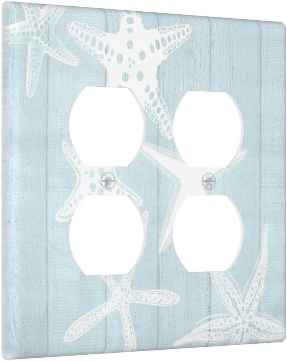 Beach Starfish Vintage Wood Rustic Country Ocean Outlet Covers 2 Gang Double Duplex Decorative Light Switch Covers Electrical Wallplates Socket Faceplate for Farmhouse Kids Room Decor