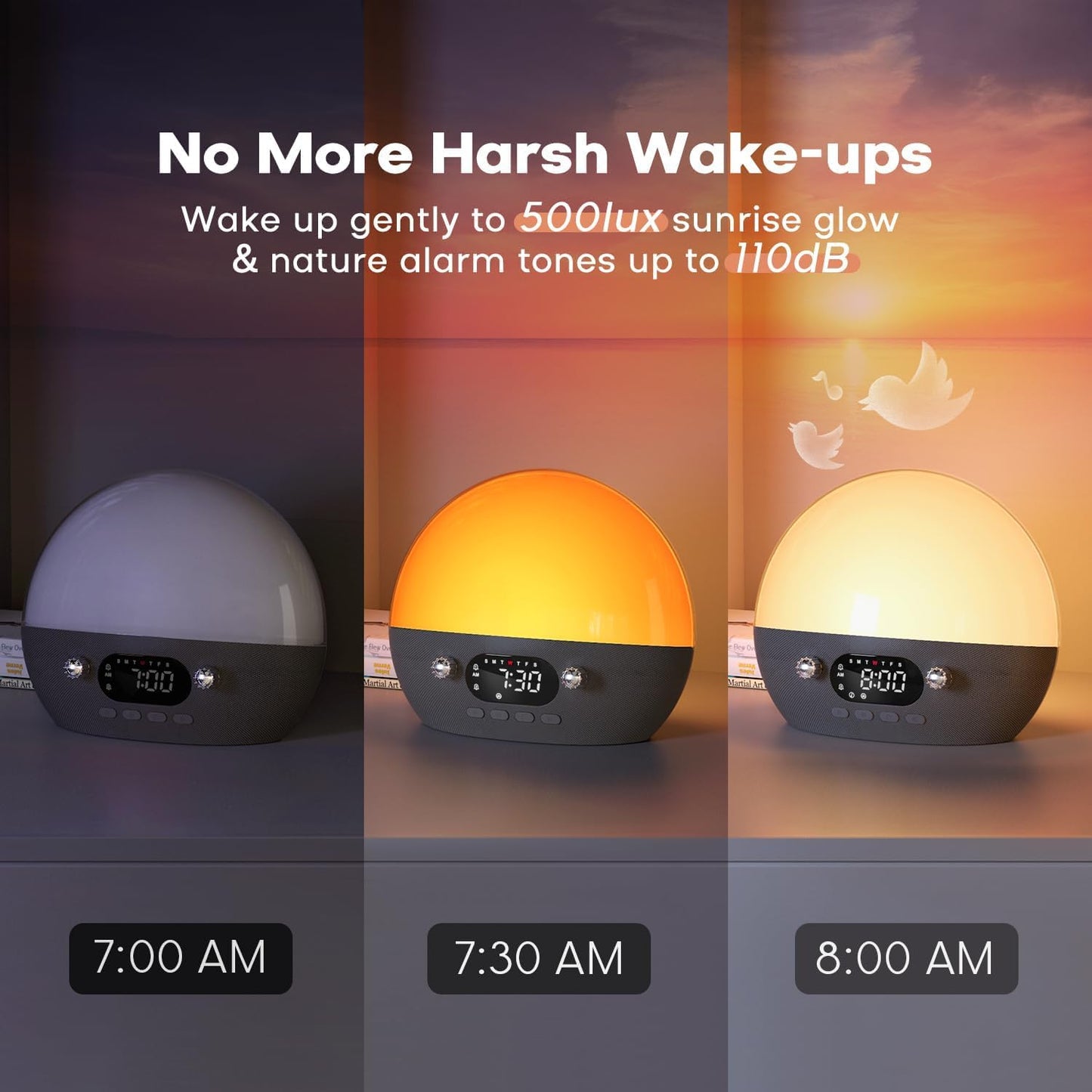Dekala RestOnn Sunrise Alarm Clock 7-Day Programmable Dual Alarm Clock with Sunset White Noise Sound Machine Natural Sounds Amber Night Light, Bluetooth Speaker, 3000mAh Battery Backup, App Control