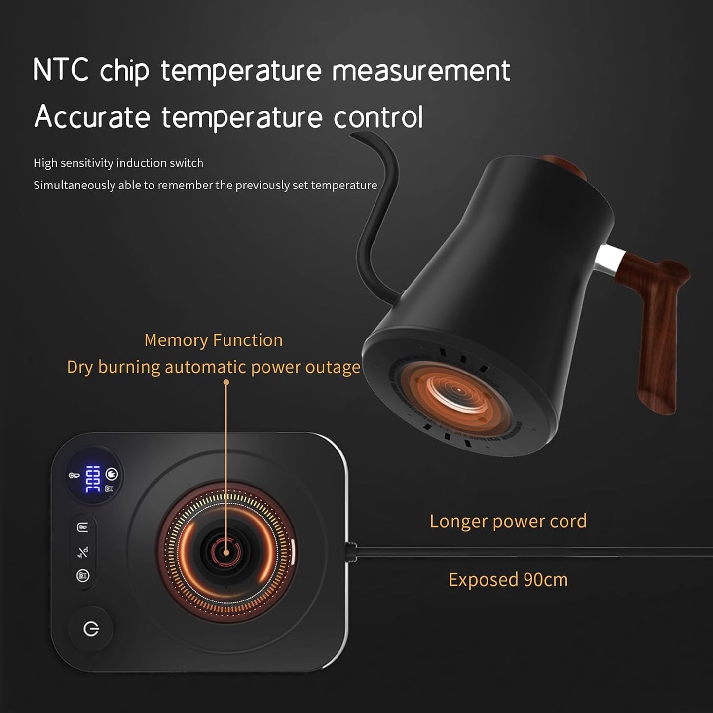 Gooseneck Electric Kettle,Electric Kettles, ±1℉ Temperature Control, Ultra-Quiet 304 Stainless Steel, for Coffee, Tea & Milk, Auto Boil Detection, 8 Safety Protections & Memory Function(Black，0.9L)