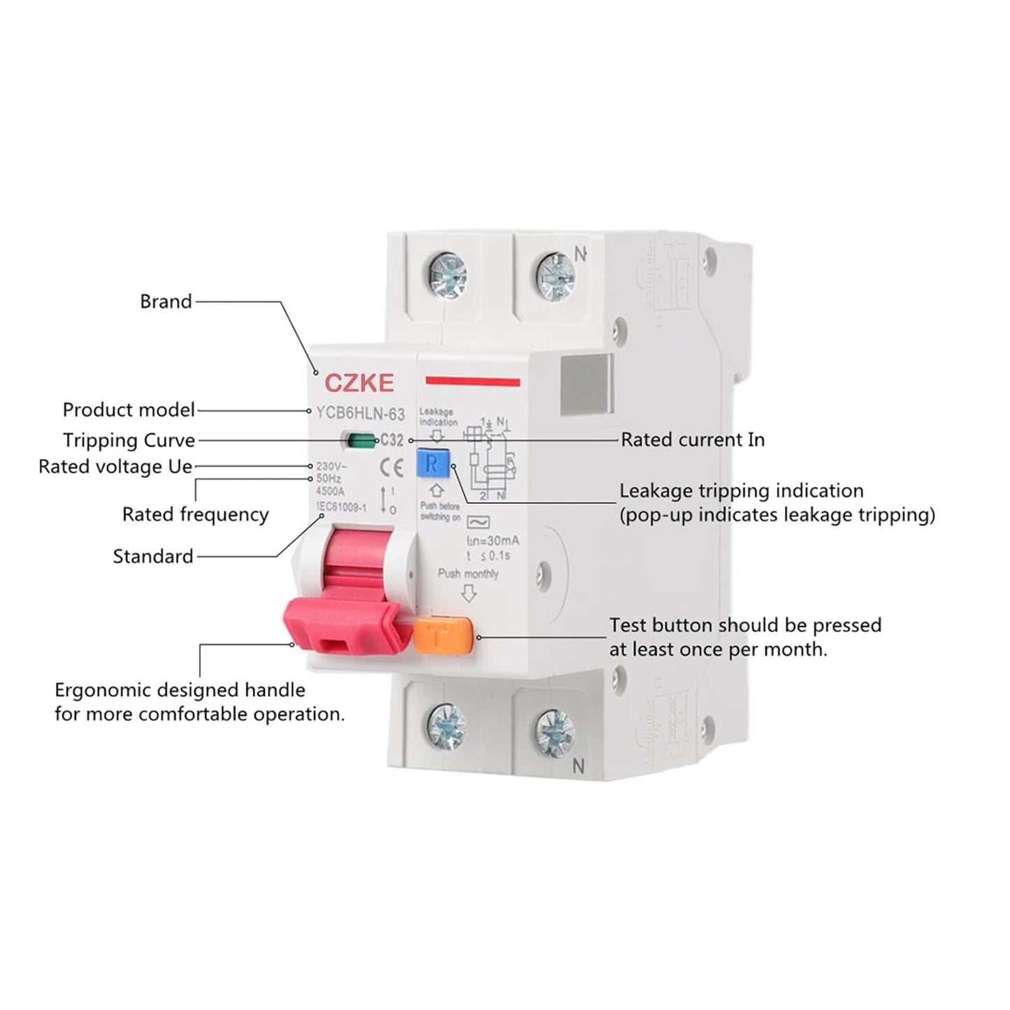 30mA RCBO MCB 230V 50/60 Hz Residual Current Circuit Breaker with Over Current and Leakage Protection 6/10/16/20/25/32/40A (Color : 1P N, Size : 50A)