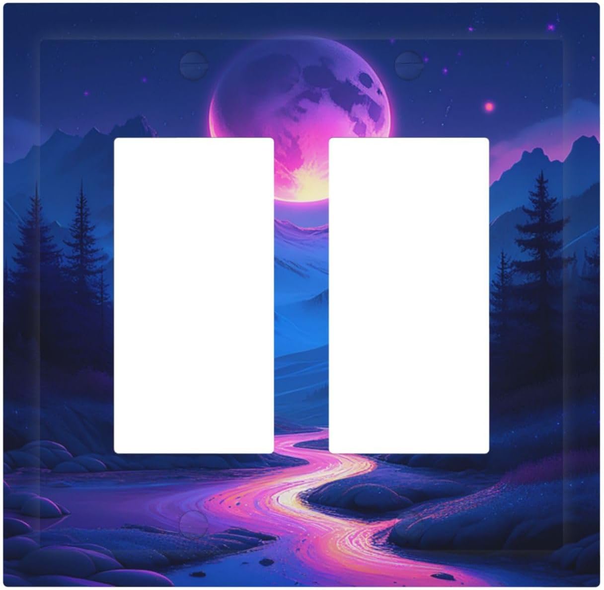 Purple Cyberpunk River Full Moon Mountain Forest Decorative Outlet Covers 2 Gang Double GFCI Rocker Light Switch Cover Plate Electrical Wall Panels for Bedroom Bathroom Decor