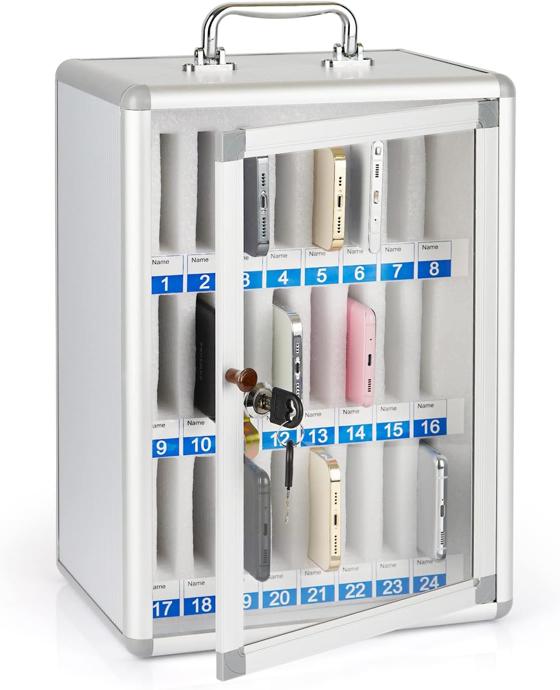 Loghot Aluminum Alloy Pocket Chart Cell Phones Storage Cabinet for Cell Phones, Wall-Mounted Cell Phone Locker Phone Holder with Lock for Classroom, Office, Can be Carried by Hand (24 Slots)