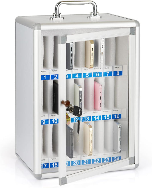 Loghot Aluminum Alloy Pocket Chart Cell Phones Storage Cabinet for Cell Phones, Wall-Mounted Cell Phone Locker Phone Holder with Lock for Classroom, Office, Can be Carried by Hand (24 Slots)
