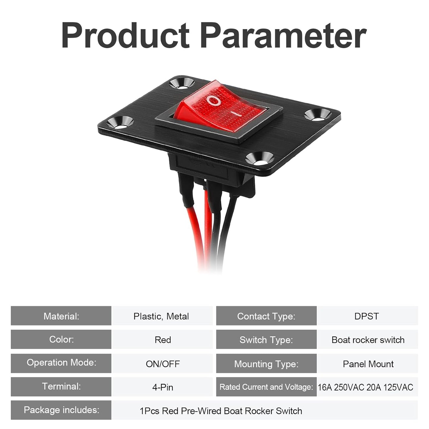 1Pcs Red LED KCD4 Boat Rocker Switch 2-Position 4-Pin Pre-Wired DPST Panel Switch 16A 250VAC 20A 125VAC, CE