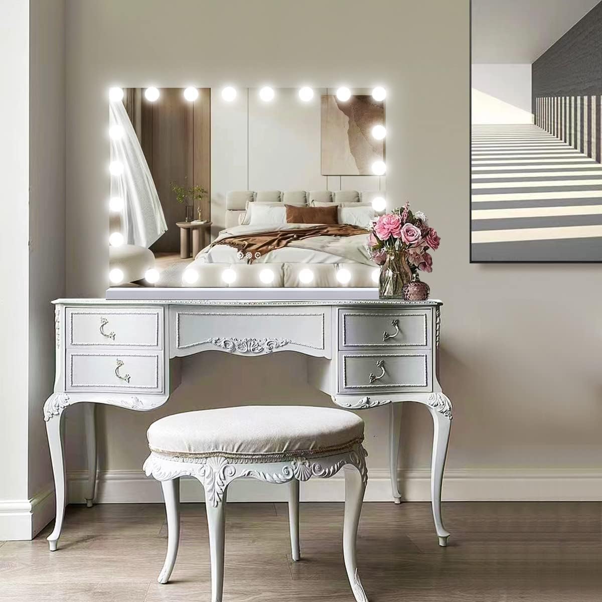 THEKLA 24 x 32 Inch Hollywood Light Vanity Mirror with 24 Bulbs Adjustable 3 Color Lights 32" Vanity Lighted Mirror for Bathroom Bedroom Wall Vanity Makeup Table Mirrors with Lights Base X10 Magnifier