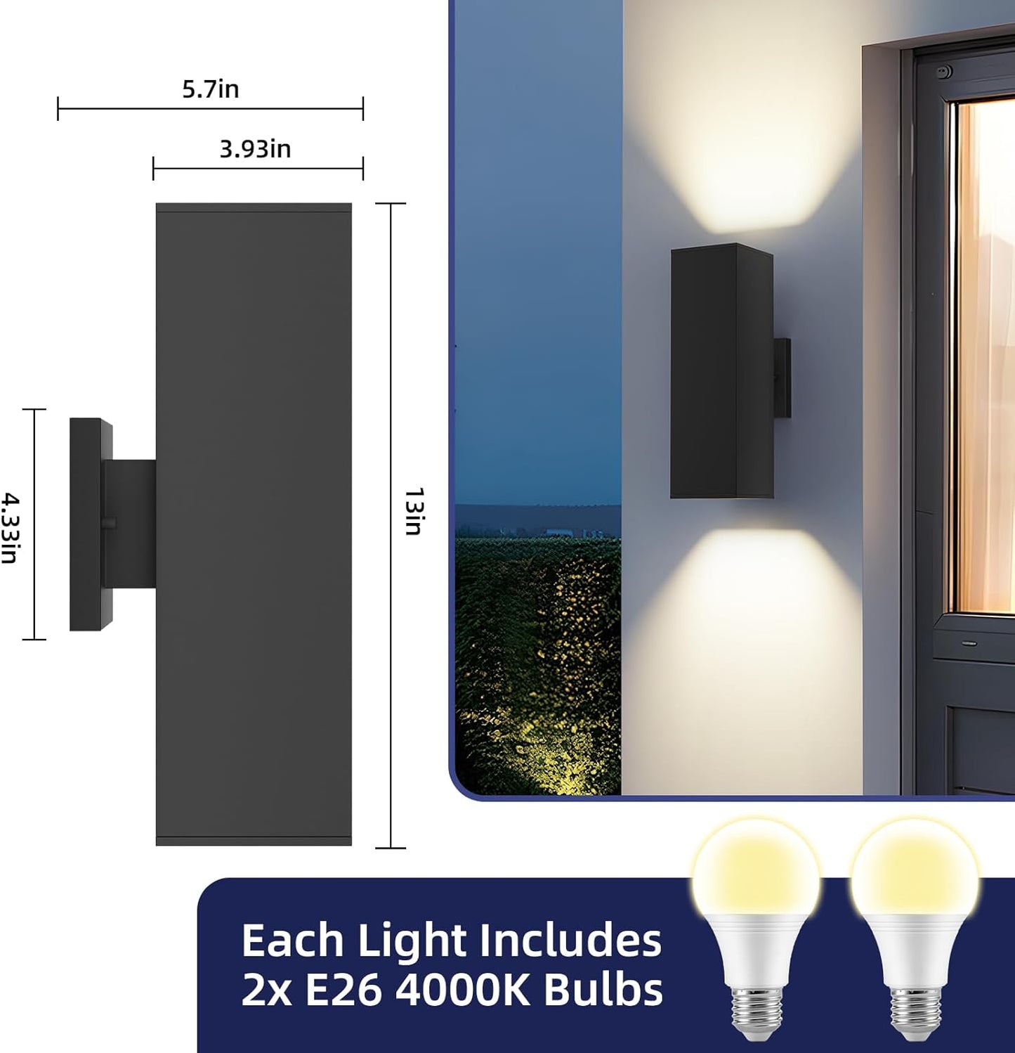 JAYMP 13" Up and Down Wall Sconce Aluminum Modern Outdoor Light, Black Rectangular IP65 Waterproof Exterior Wall Lamp for Front Door Patio Porch Staircase Hallway (1 Pack)