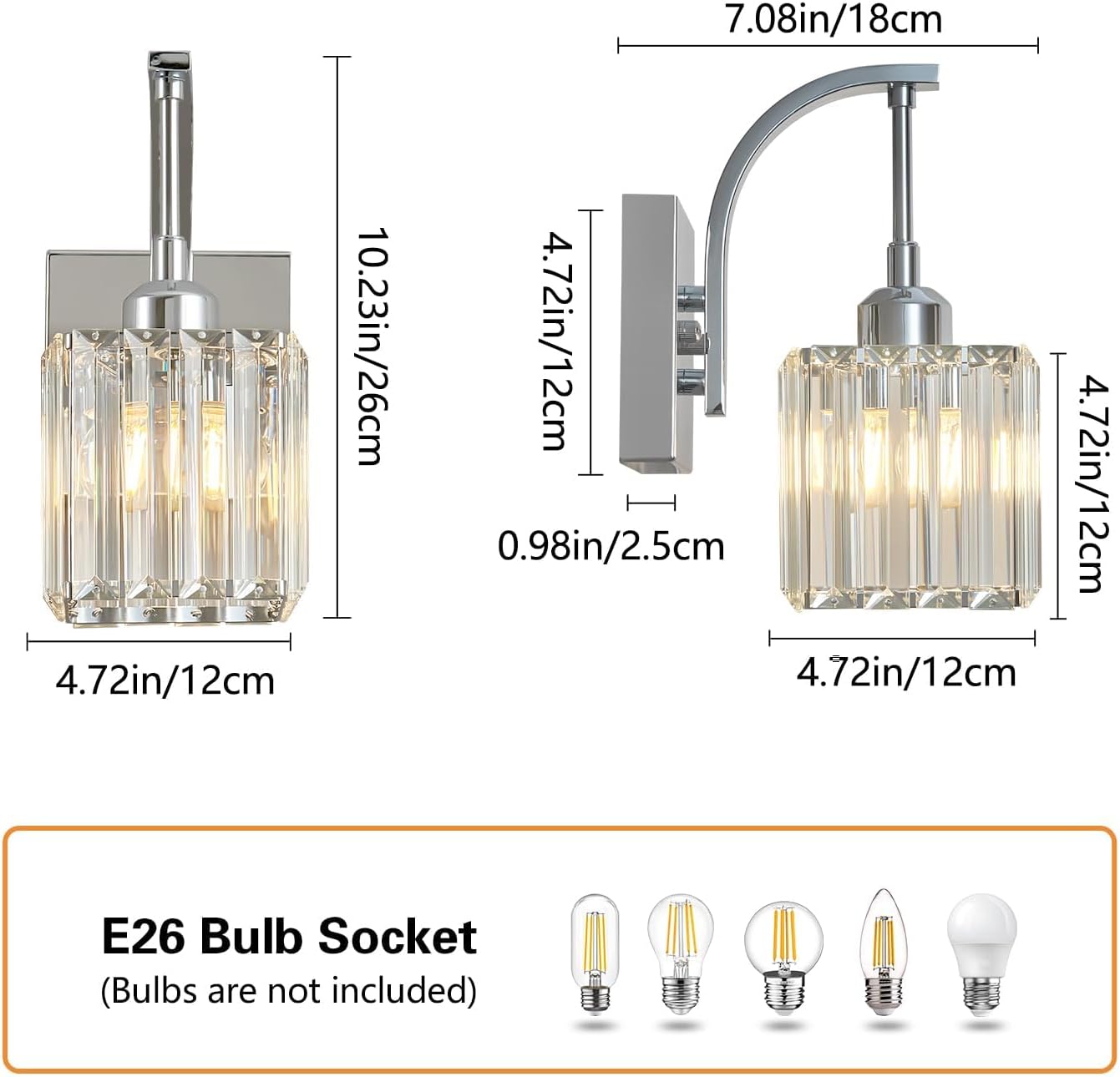 Wall Sconces, Set of 2 Chrome Crystal Vanity Lights, Modern Wall Lamp for Bathroom, Hallway, and Makeup, Easy Installation