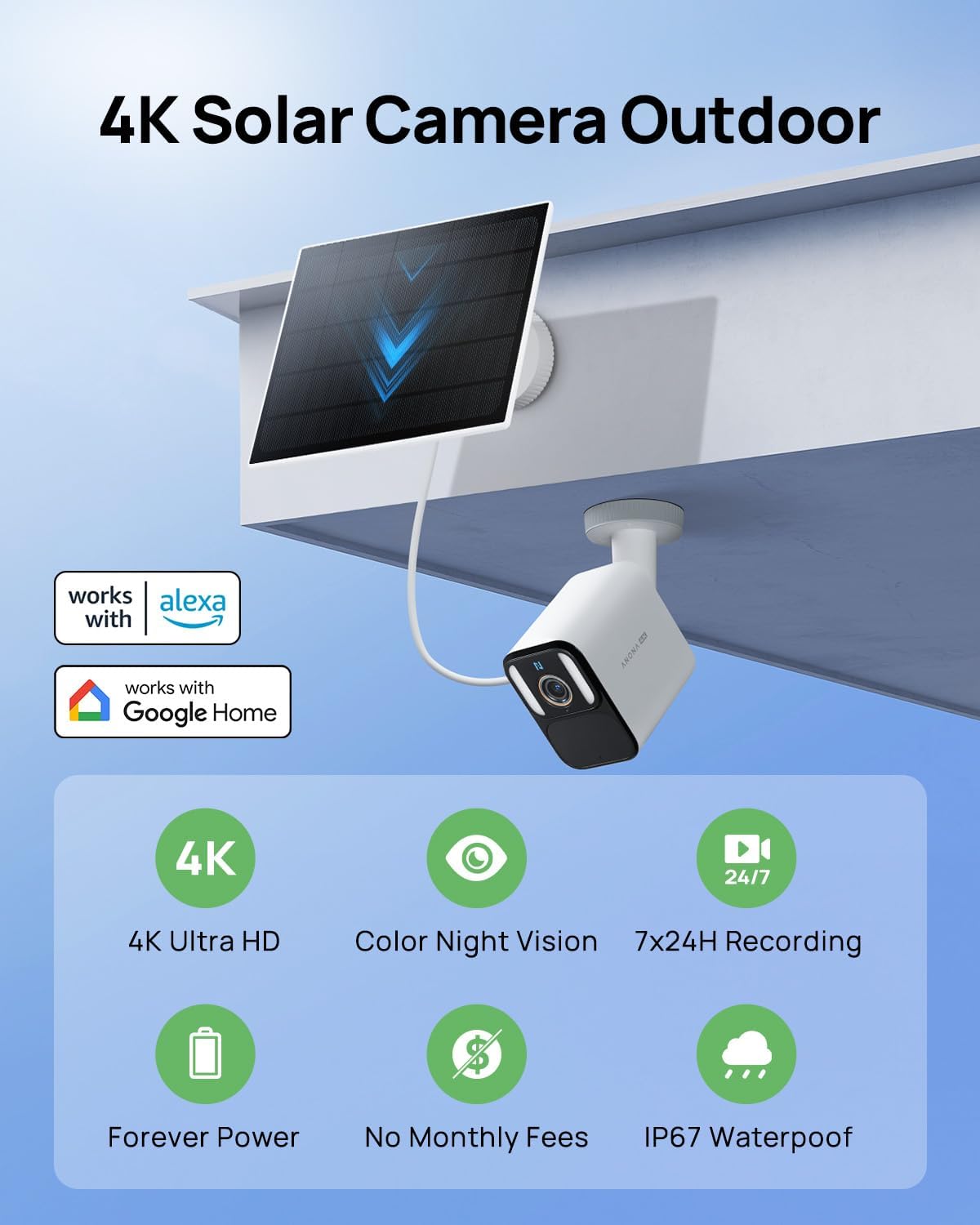 Anona Aurora 4K Solar Security Cameras Wireless Outdoor, Forever Power with Solar Panel, 8MP Color Night Vision, 24/7 AOV Recording, No Monthly Fees, AI Detection, Easy Setup, 2.4 G WiFi, IP67, 2 Pack