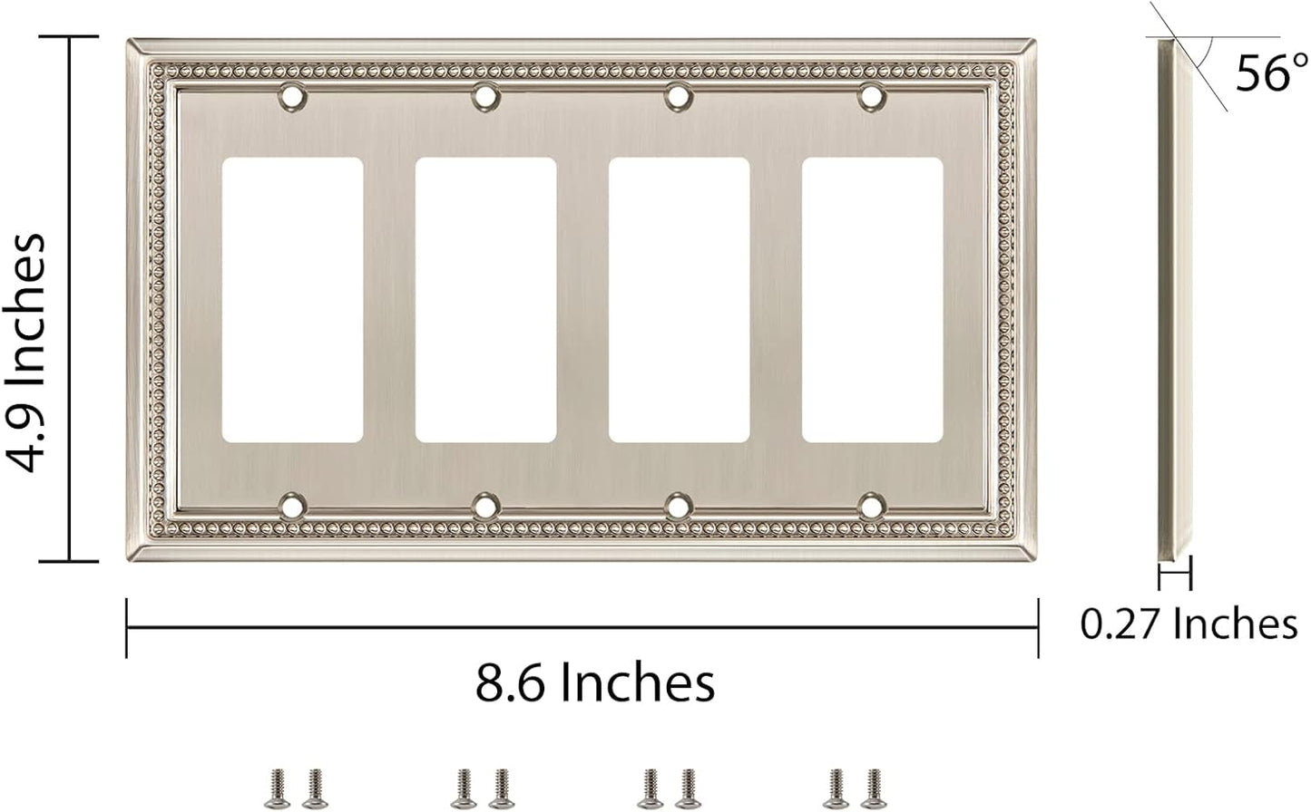 Henne Bery Sunken Pearls Heavy Duty Decorative Wall Plate Switch Plate Outlet Cover (Quad Decorator, Satin Nickel)
