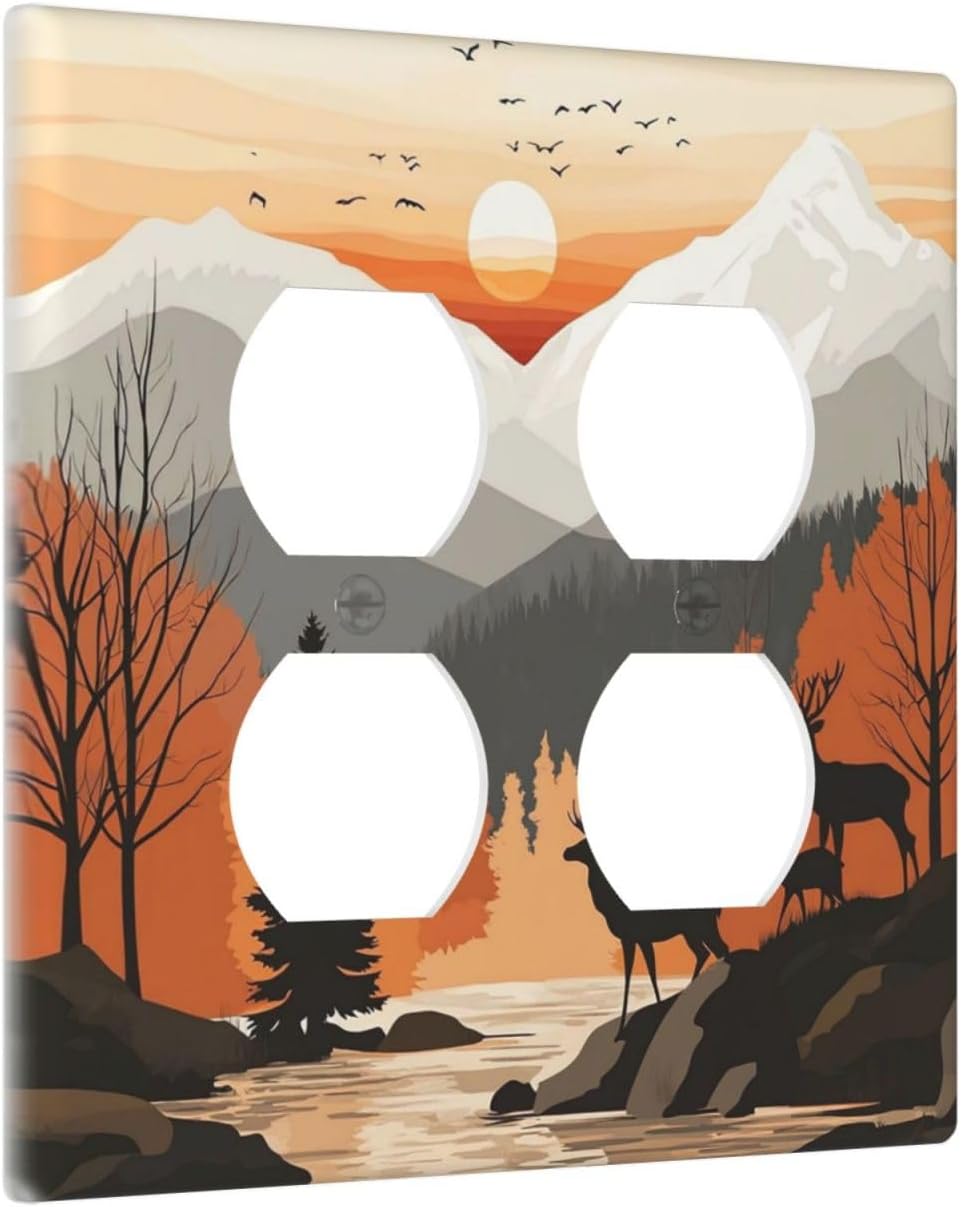 Sun Forest Deer Snow Mountain River Outlet Covers 2 Gang Double Duplex Decorative Light Switch Covers Electrical Wallplates Socket Faceplate For Bed Room Living Room Decor