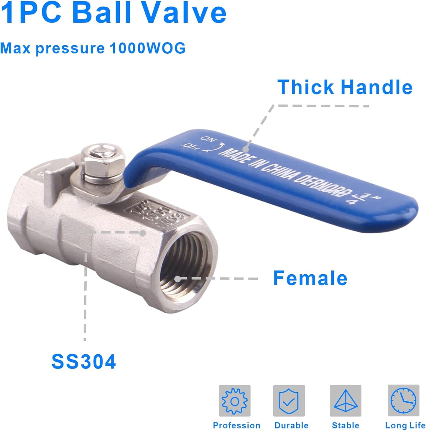 DERNORD Stainless Steel Ball Valve 1PC Type 0.25" NPT Standard Port for Water, Oil, and Gas (1/4 Inch Ball Valve)