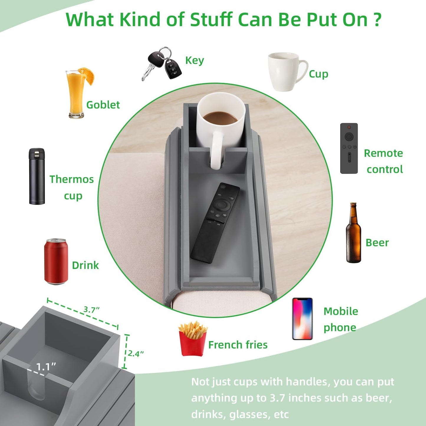 GEHE Bamboo Couch Cup Holder, Anti-Spill Sofa Arm Tray, Natural and Easy to Clean Couch Arm Cup Holder Armrest Tray Perfect for Cups, Beers, Snacks, Remote Control, Drinks