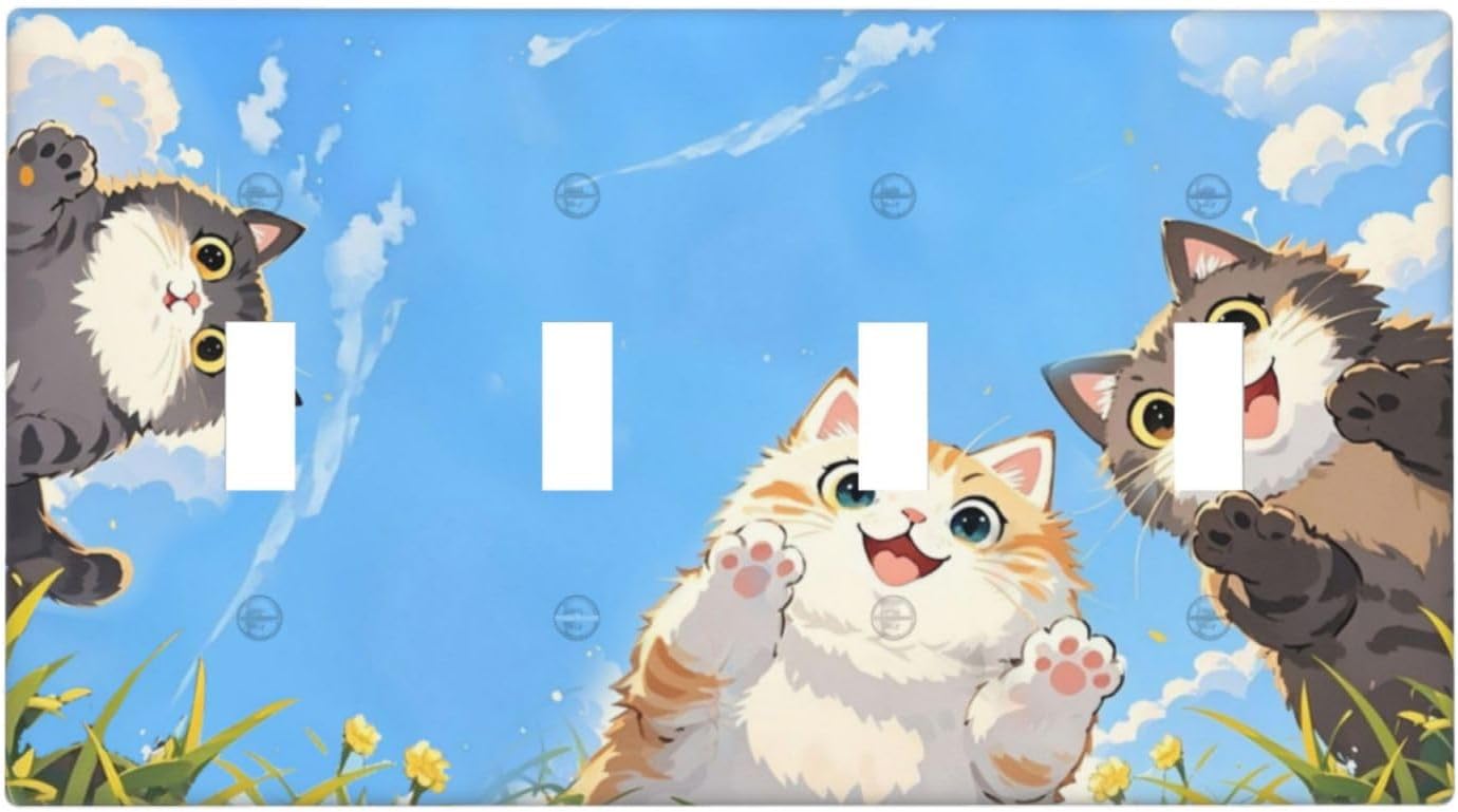 Light Switch Covers Orange Gray Cute Cat Sky Cloud Cat S Paw Quad Toggle Electrical Faceplate 4 Gang Wall Plate Decorative Switch Plates For Kids Room Nursery Decor