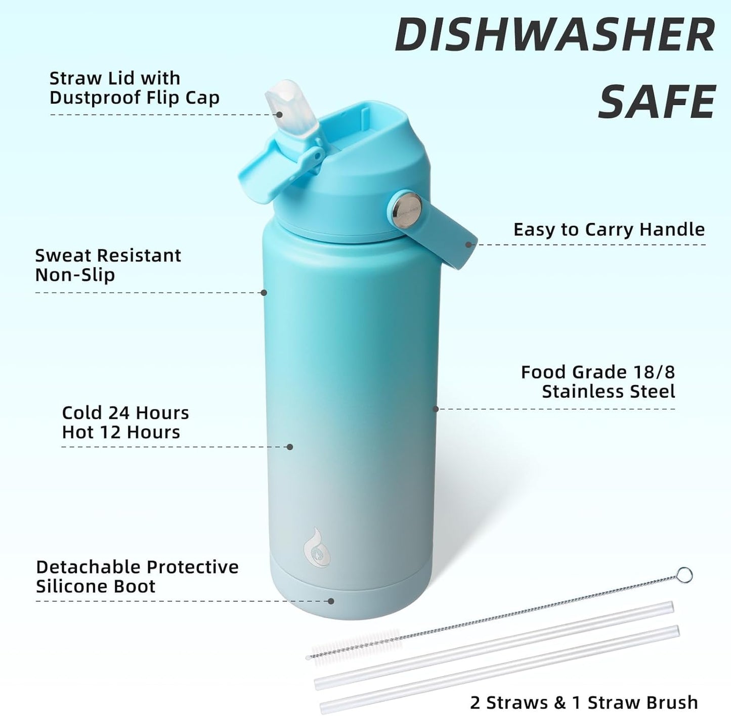 BJPKPK Water Bottle with Straw Lid, 24oz Vacuum Insulated Water Bottles, Metal Stainless Steel Thermo for Sports, Travel, BPA Free Leak Proof Thermo, Cups, Flasks, Tumblers,Sea Salt