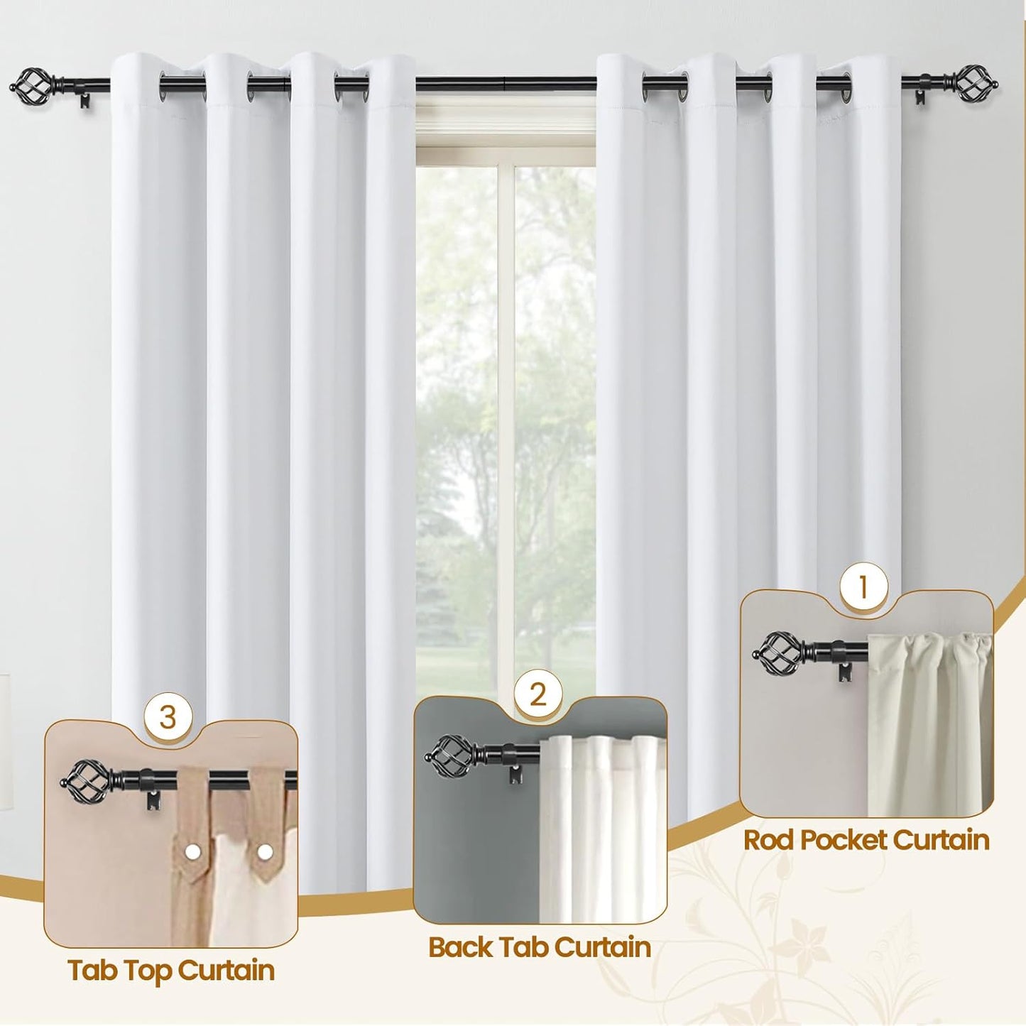 KAMANINA 2 Pack Curtain Rods 32 to 86 Inches (2.6-7.1ft), 3/4 Inch Black Curtain Rods for Windows Splicing Adjustable Single Drapery Rod with Twisted Cage Finial, for Indoor and Outdoor