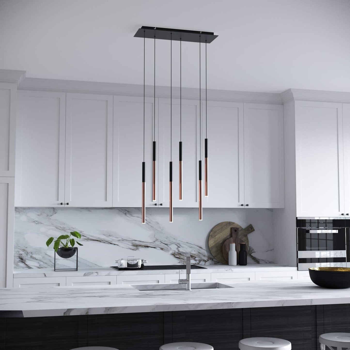 ALTAIR 6 Mini Pendant Lighting Black-Copper - LED Hanging Light Fixture for Kitchen Island, Bar, Foyer - Cluster Pendants - Dimmable, Adjustable Wire, Lamp Bulb Included