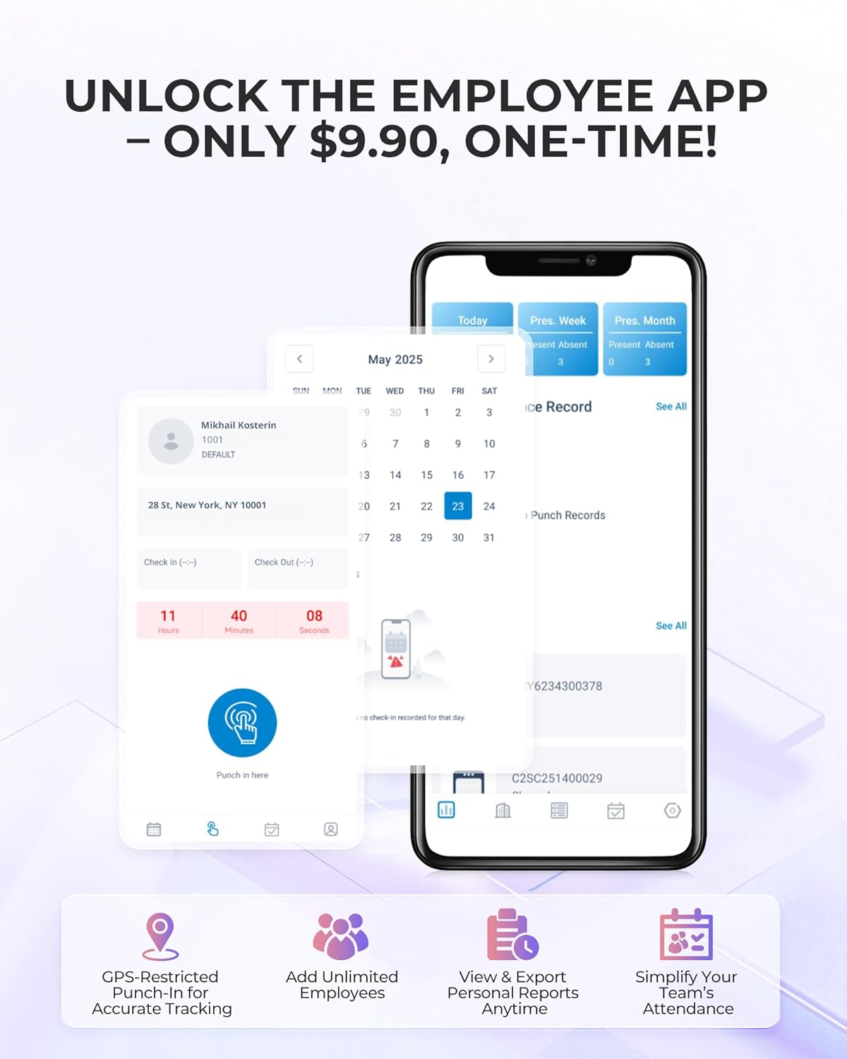 NGTeco Time Clock Cloud-Based, 4-in-1 Time Clocks for Employees Small Business, 2.4GHz WiFi Remote Control Clock in and Out Machine with Software & App, 10 IC Cards, 0 Monthly Fee