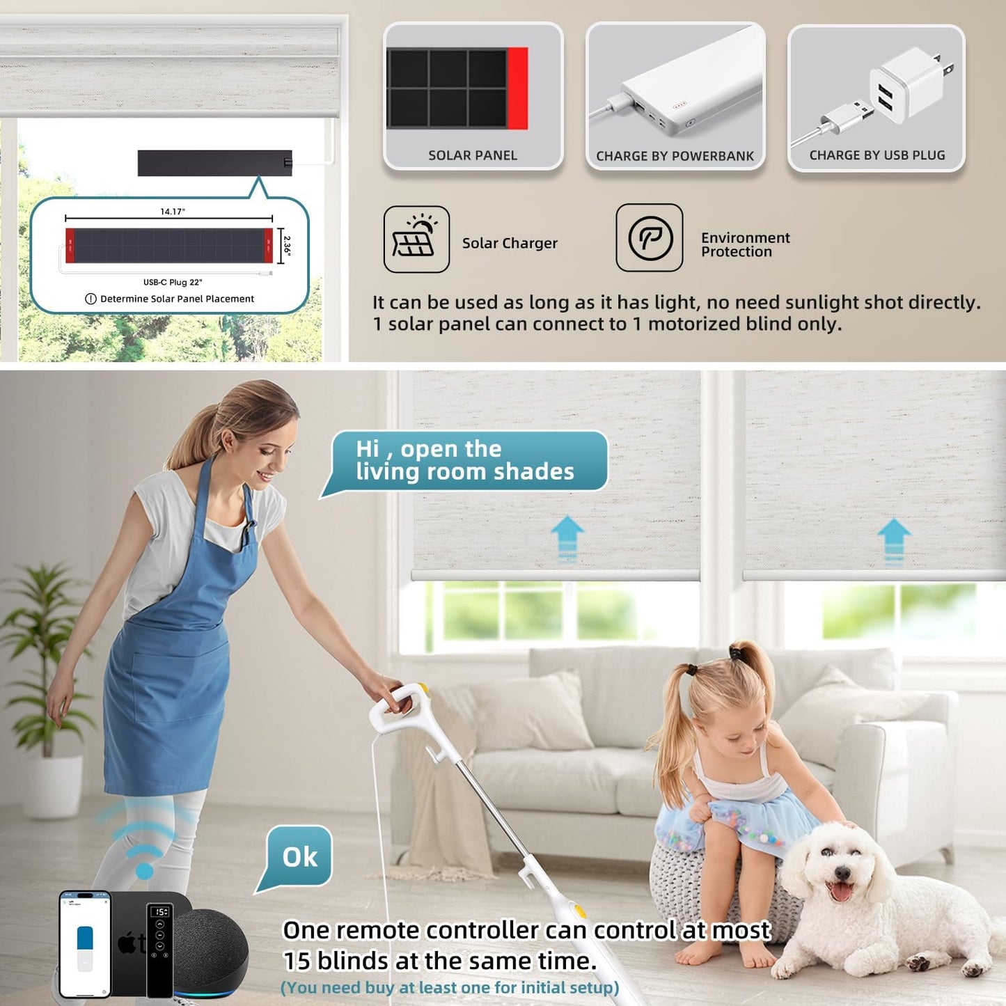 SmartWings Motorized 100% Blackout Shades Blinds, Custom Size, Cordless Window Shades with Rechargeable Battery, Work with Matter/Apple HomeKit, Alexa, Thread/Zigbee, Remote Optional, Linen White