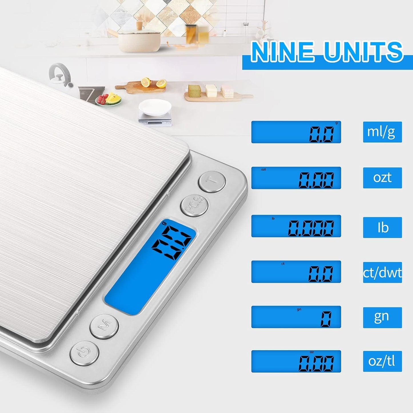 Small Digital Food Scale Ounce/OZ and Gram Scale, Kitchen Scale 3000g/0.1g High Precision for Baking, Soap Making, Jewelry, Includes 2 Trays and Batteries, 9 Units, Tare Function, Easy to Store