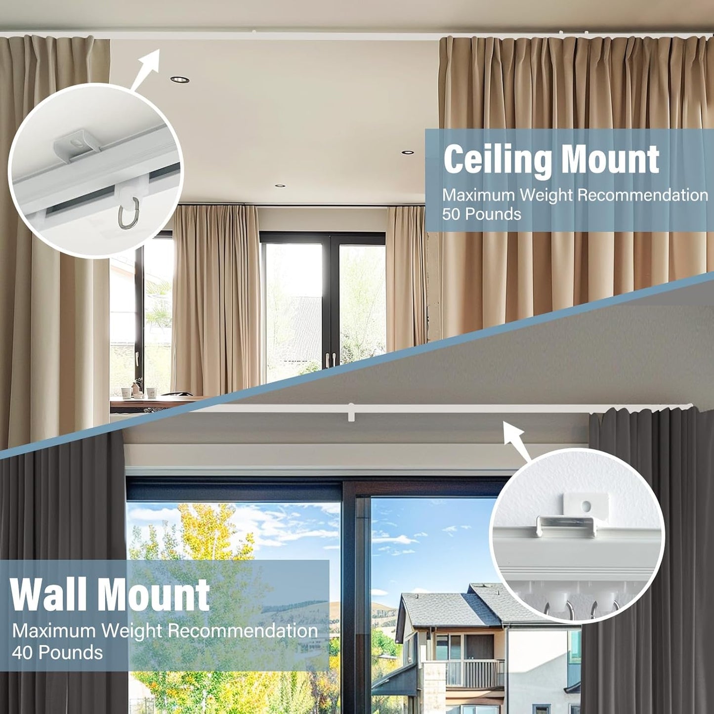 Curtain Track Ceiling Mount heavy duty sliding Curtains Tracks rails Rod System Room Divider with clips 3-6ft White