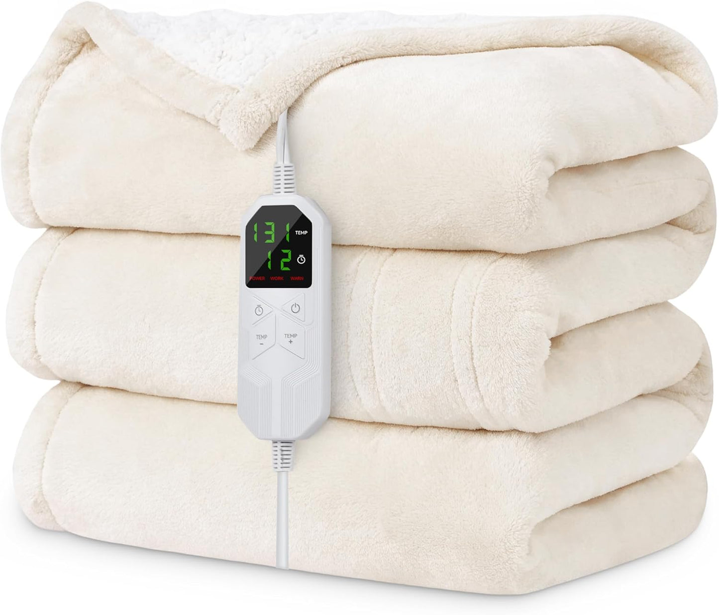Electric Heated Blanket Twin 62" x 84", Soft Plush Flannel & Sherpa Electric Blanket with 8 Heat Settings, 1-12H Auto-Off, Fast & Even Heating, Machine Washable, Ideal for Home & Office, Beige