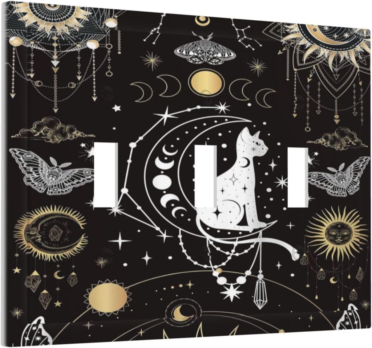 White Cat Tarot Moon Phases Moth Celestial Gothic Decorative Switch Plates 3 Gang Wall Plate Triple Toggle Light Switch Cover Faceplate Electrical Wall Panels for Kids Room Bedroom Decor
