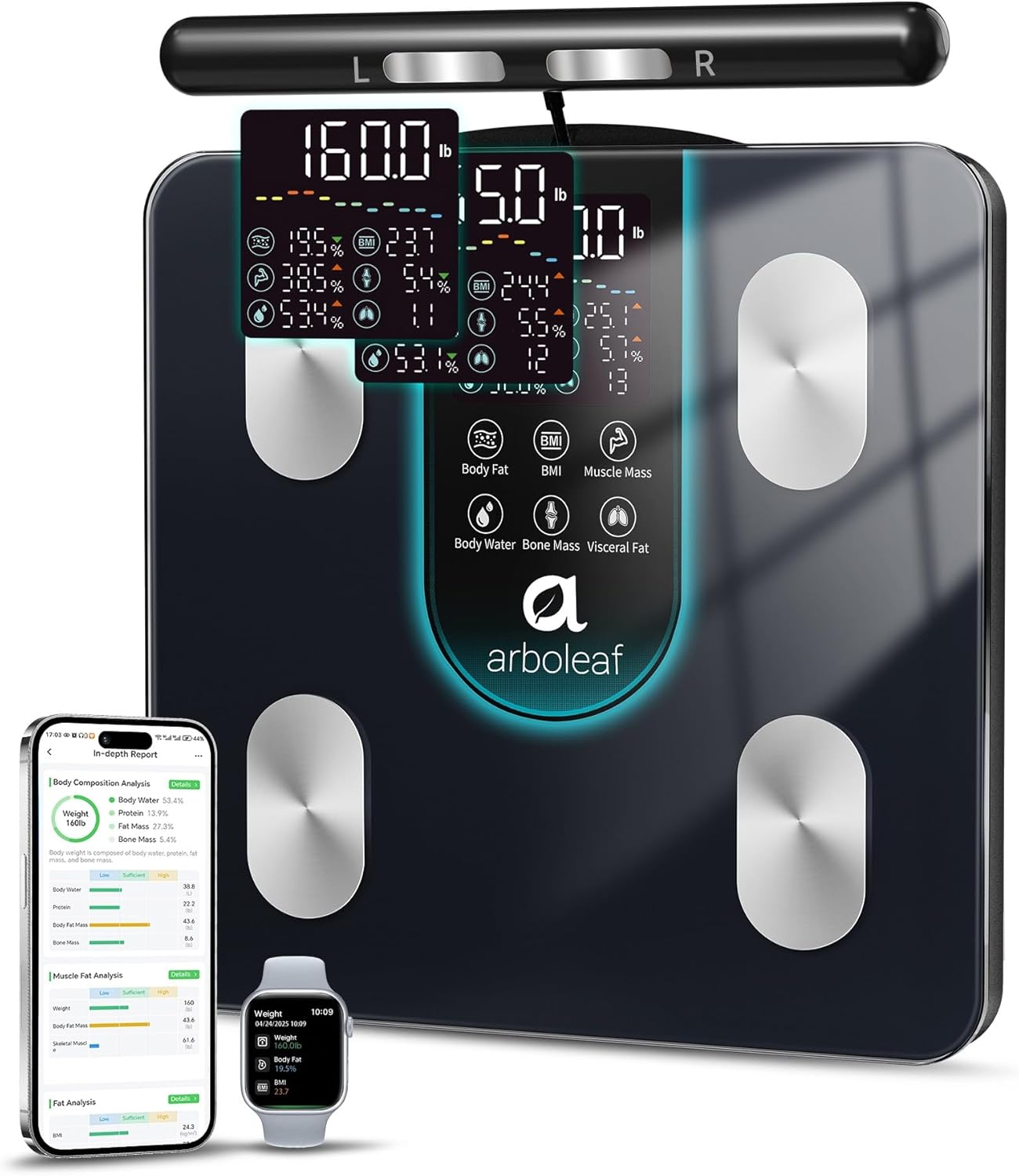 arboleaf Smart Scale for Body Weight, 8-Electrode Dual-Frequency BIA Bathroom Scale with 7-in-1 Display for BMI Body Fat Muscle Mass, Segmental Full Body Composition Analyzer, 50+ Metrics in App