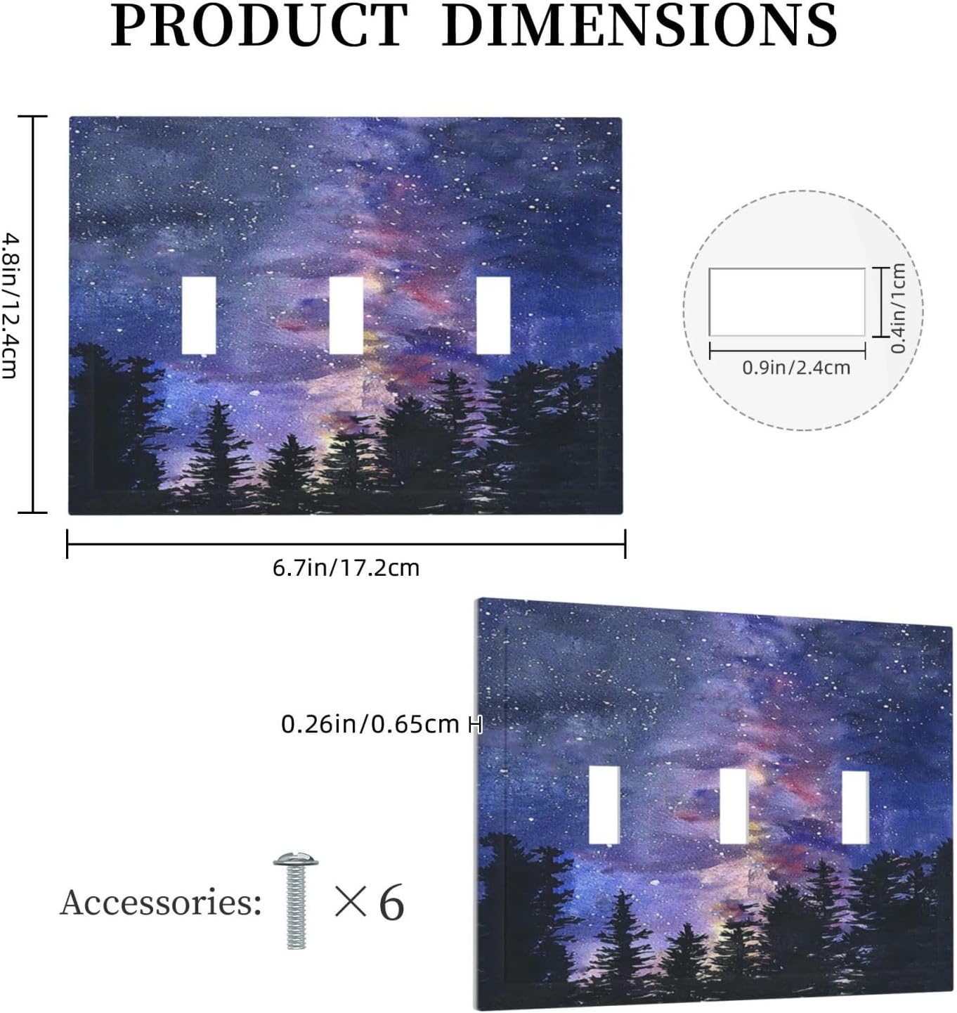 Decorative Switch Plates Dream Milky Way Starry Forest Pine Watercolor Painting 3 Gang Wall Plate Faceplate Triple Toggle Light Switch Cover Electrical Wall Panels for Bedroom Home Decor