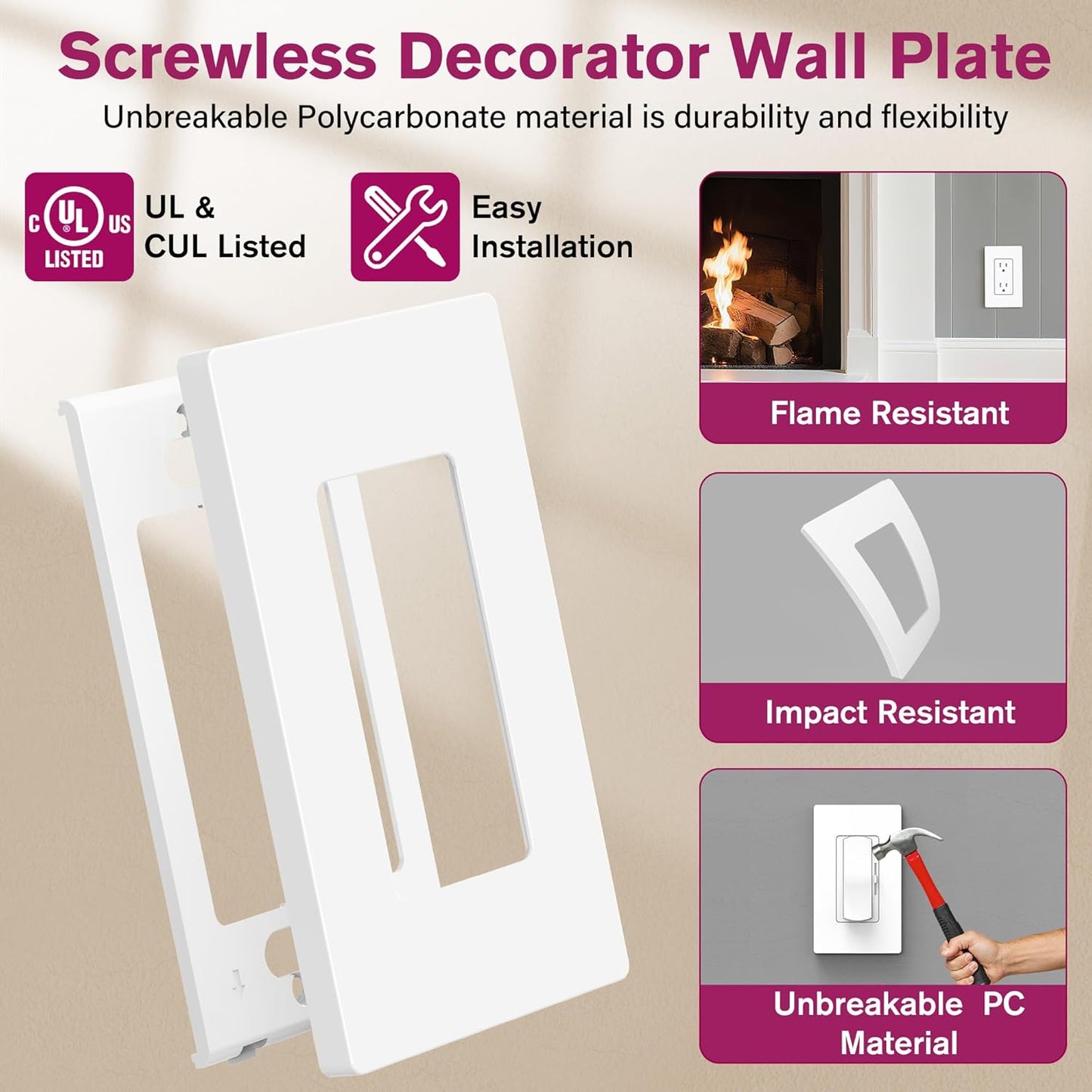 EMITEVER 1-Gang Screwless Decorator Wall Plate Cover for Receptacle Outlet & Light Switch, Standard Size 4.53"H x 2.75"W, Unbreakable Thermoplastic Faceplate, UL Listed, Matte White 5-Pack