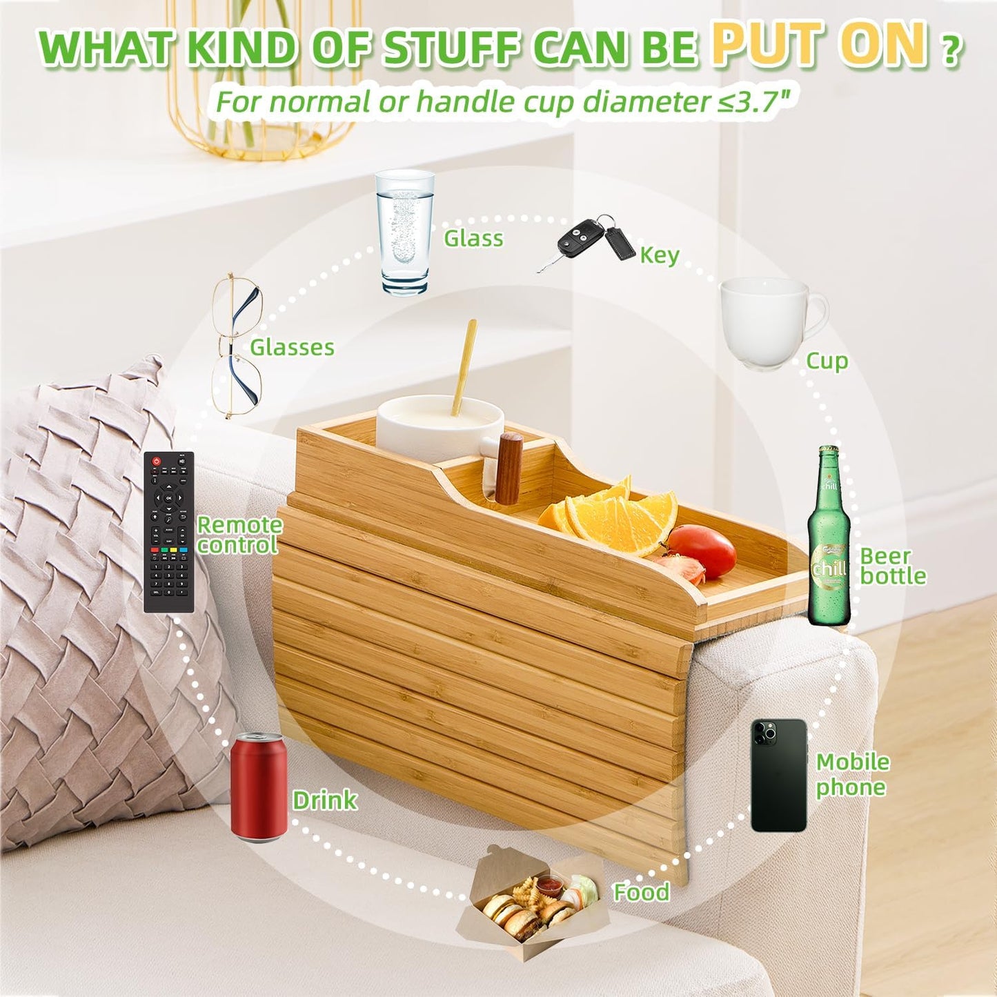 GEHE Couch Cup Holder, Anti Falling Sofa Arm Tray, Natural Bamboo Sofa Cup Holder More Safe for You Family, Portable Couch Arm Tray Armrest Table for Remote, Snacks, Phone, Drinks
