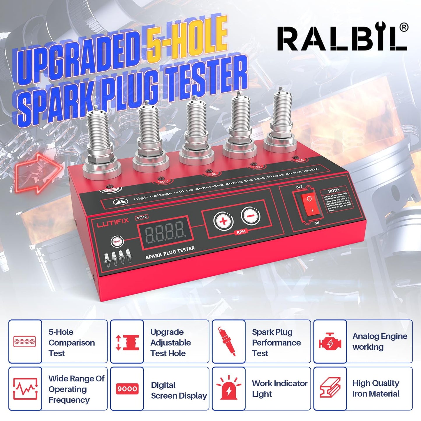 Spark Plug Tester Upgraded 5-Hole Spark Plug Tester Tool with Adjustable Frequency & Hole Height 200-9000rpm Car Engine Ignition Coil Tester Diagnostic Tool for 12V Gasoline Vehicles