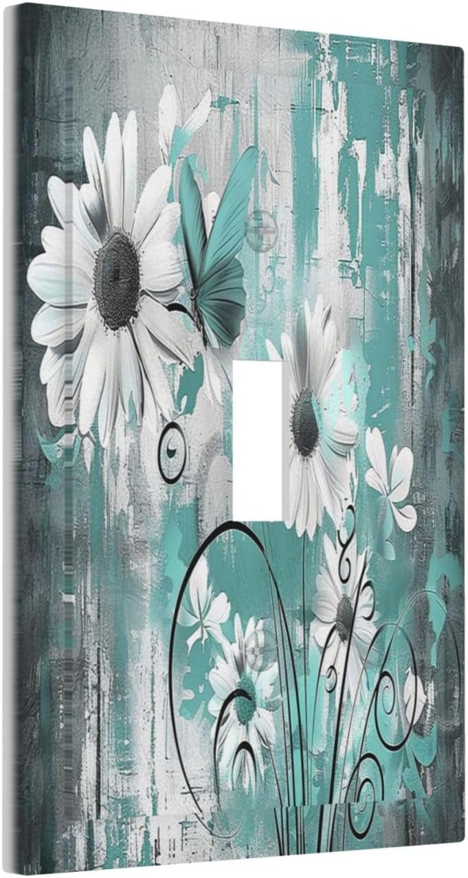 Decorative Light Switch Cover Teal Daisy Floral Vintage Wood Plank 1 Gang Single Toggle Device Electrical Faceplate Switchplates Decorator Outlet Wall Plate For Farmhouse Cabin Decor