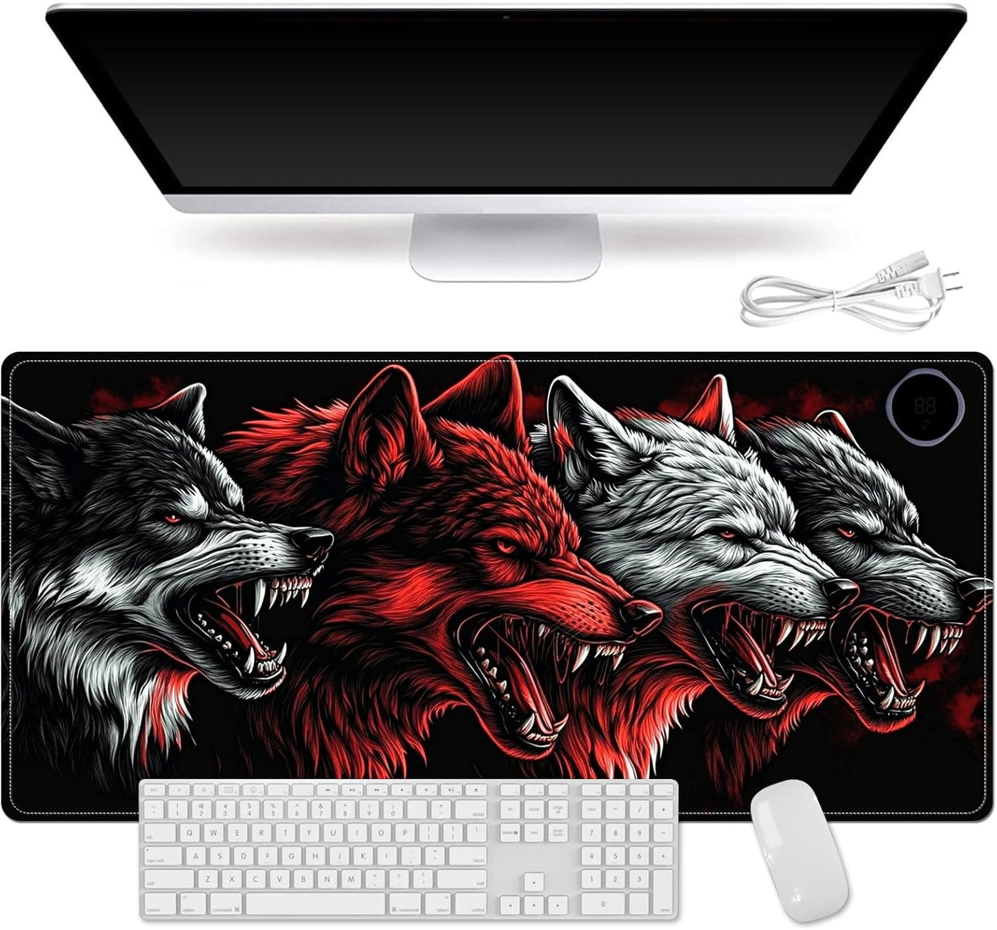 Small Heated Desk Pad 23.6" x 14.2" – Compact Electric Mouse Pad with 3 Heating Levels, Auto Shut-Off, Waterproof PU Surface, Plug-in Warmer for Office or Home Use, Four Wolves