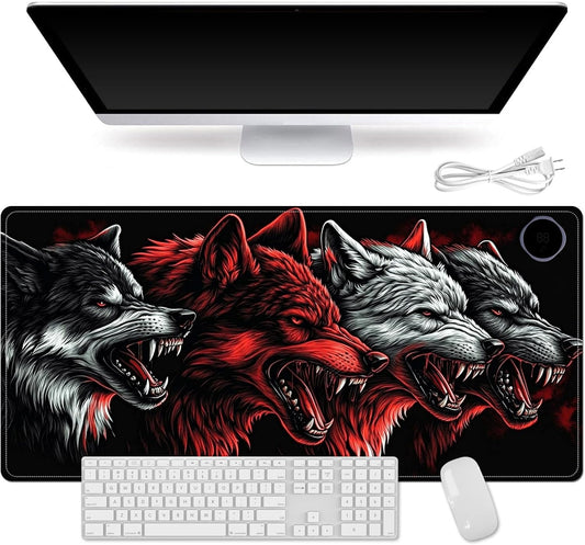 Small Heated Desk Pad 23.6" x 14.2" – Compact Electric Mouse Pad with 3 Heating Levels, Auto Shut-Off, Waterproof PU Surface, Plug-in Warmer for Office or Home Use, Four Wolves