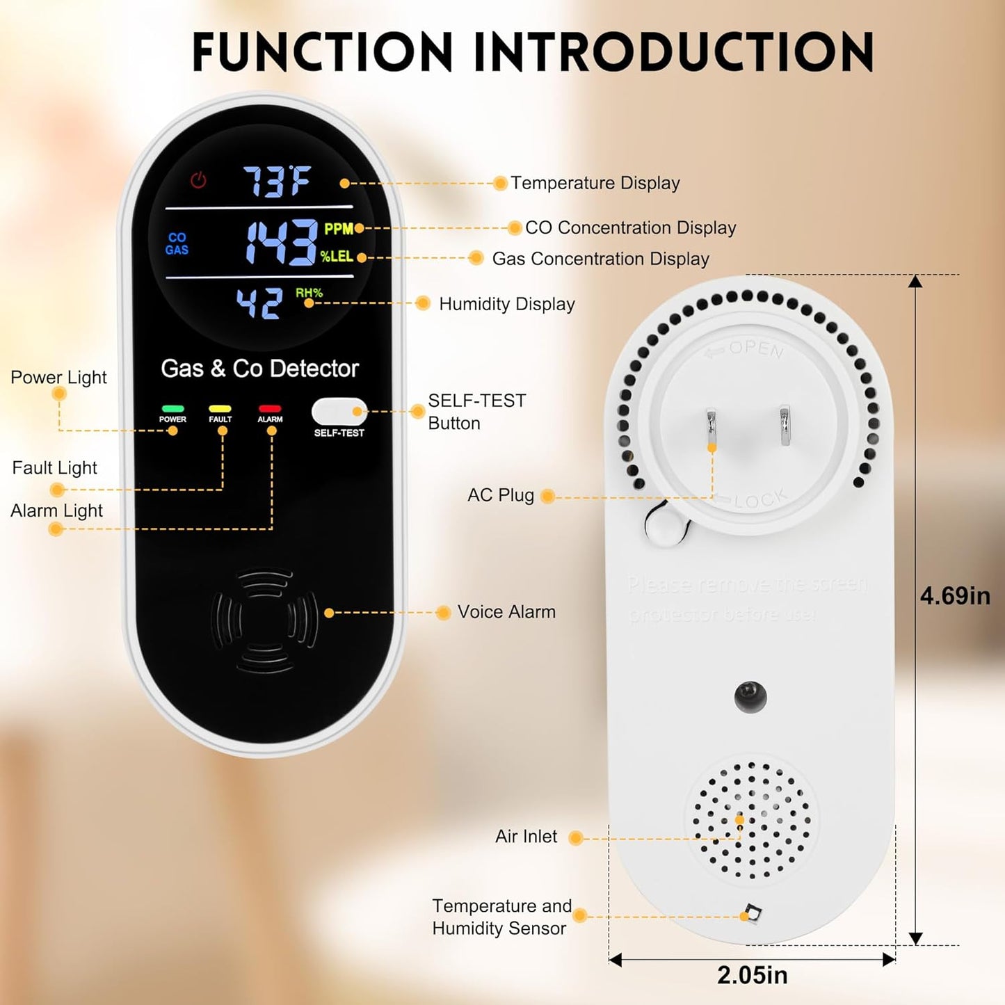 4 Packs Carbon Monoxide Detectors Plug in, 4-in-1 Natural Gas Leak Detector & Carbon Monoxide Detectors with Temperature & Humidity, Natural Gas Detectors for Home/Apartment/RV