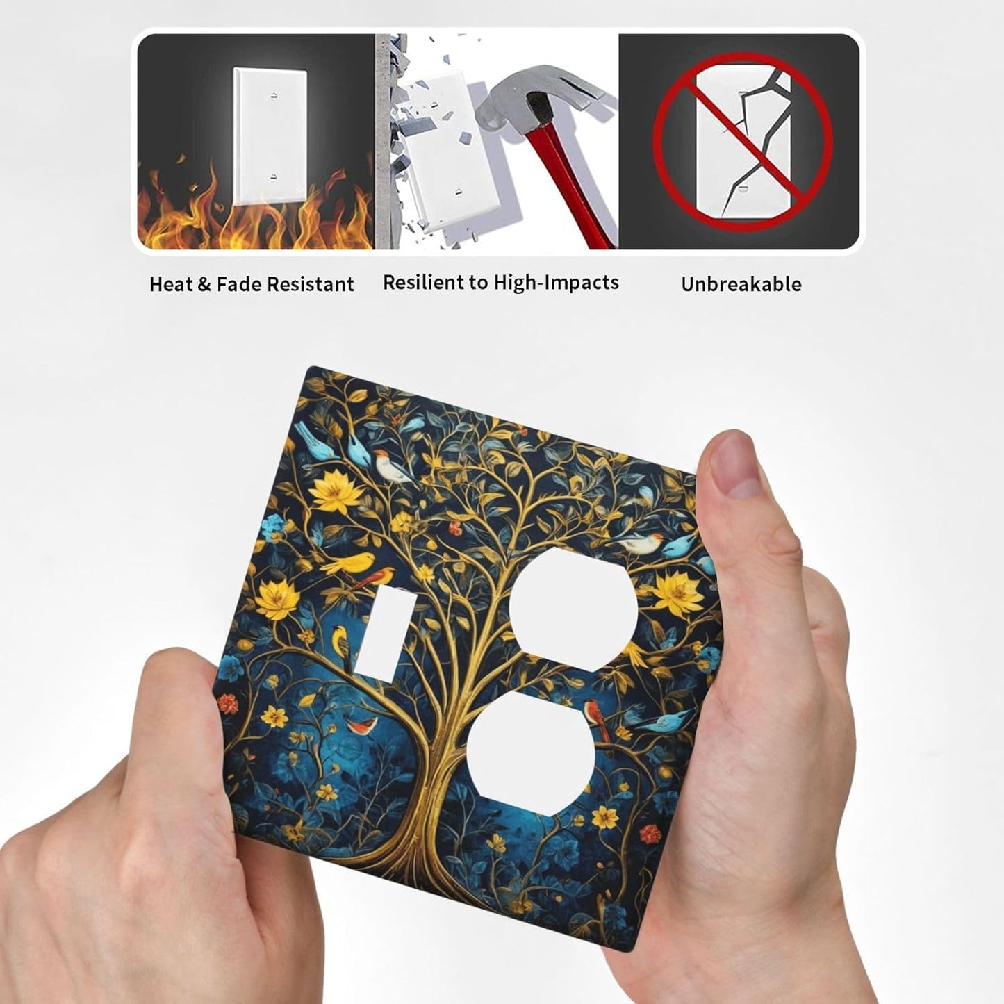 Decorative Outlet Covers Gold Tree of Life Blue Bird Yellow Flower 2 Gang Wall Plate Single Toggle Duplex Light Switch Cover Switch Plate Covers Faceplate for Bedroom Home Decor