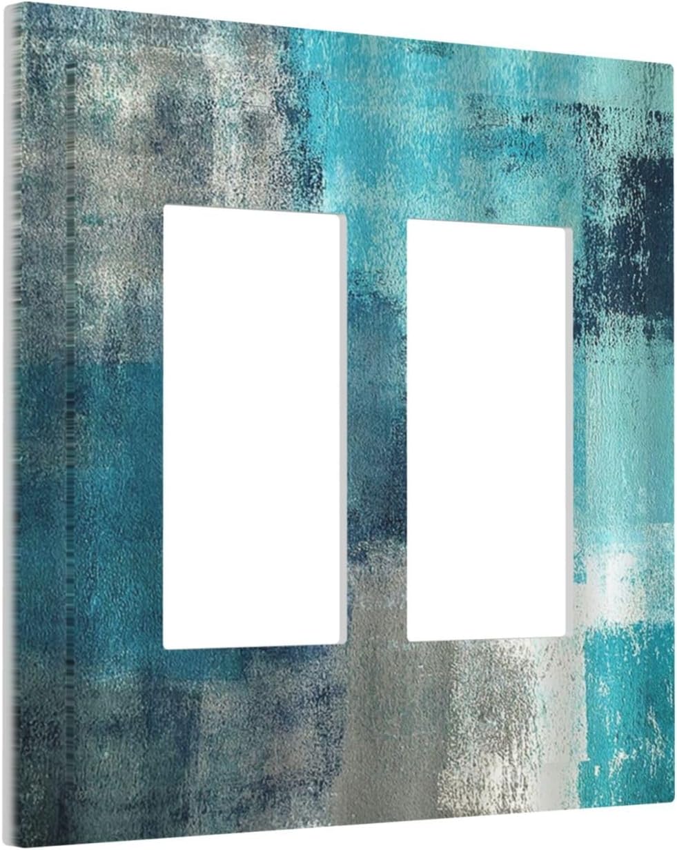Decorative Outlet Covers Teal Blue Modern Geometric Abstract Turquoise Green 2 Gang Double GFCI Rocker Electrical Wall Panels Light Switch Cover Plate for living Room Bedroom Decor
