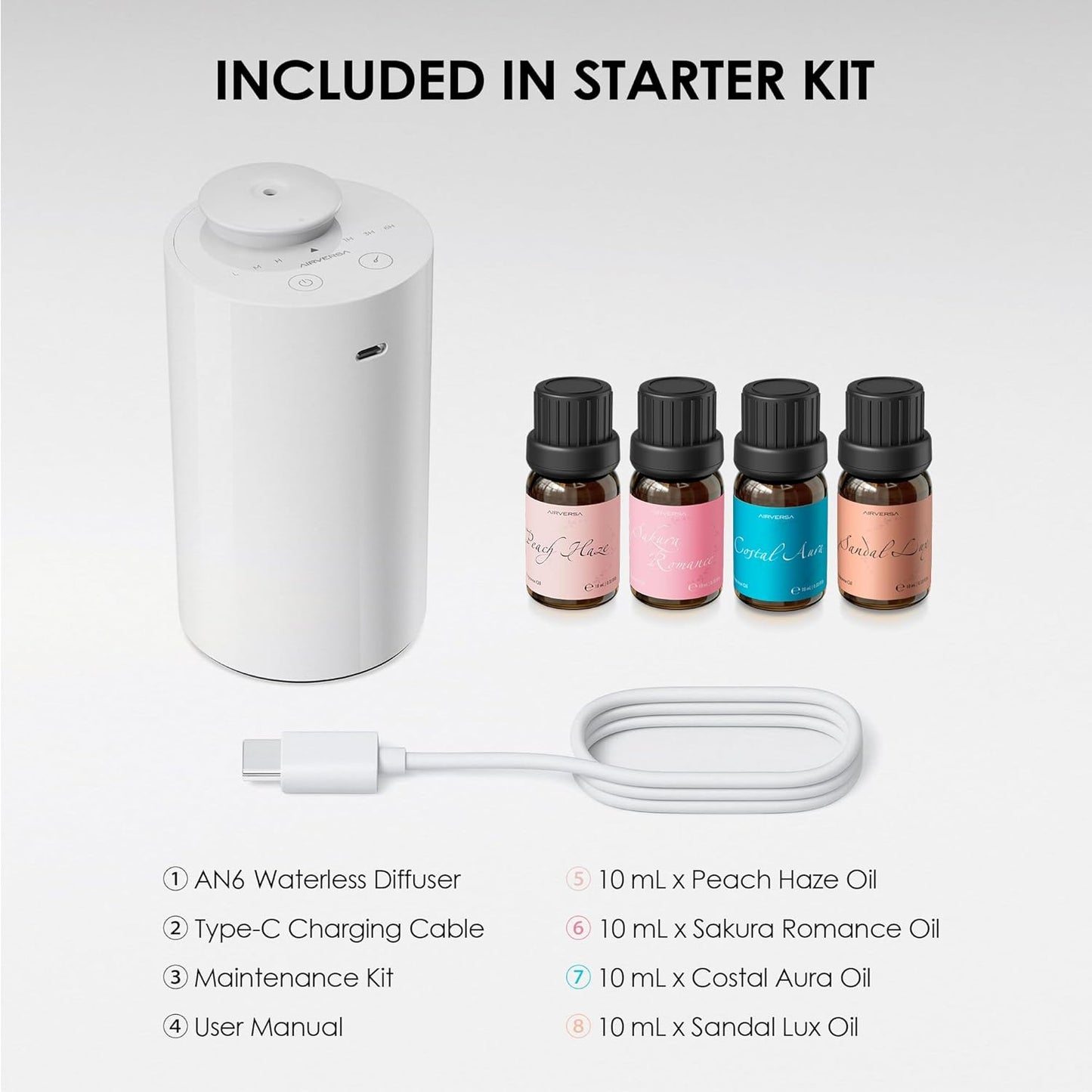 Airversa Waterless Essential Oil Diffuser Starter Kit with 4 x 10mL Fragrance Scent Oil, Battery Operated Mini Scent Air Machine Portable Diffuser for Home Car Office, AN6 White Kit01