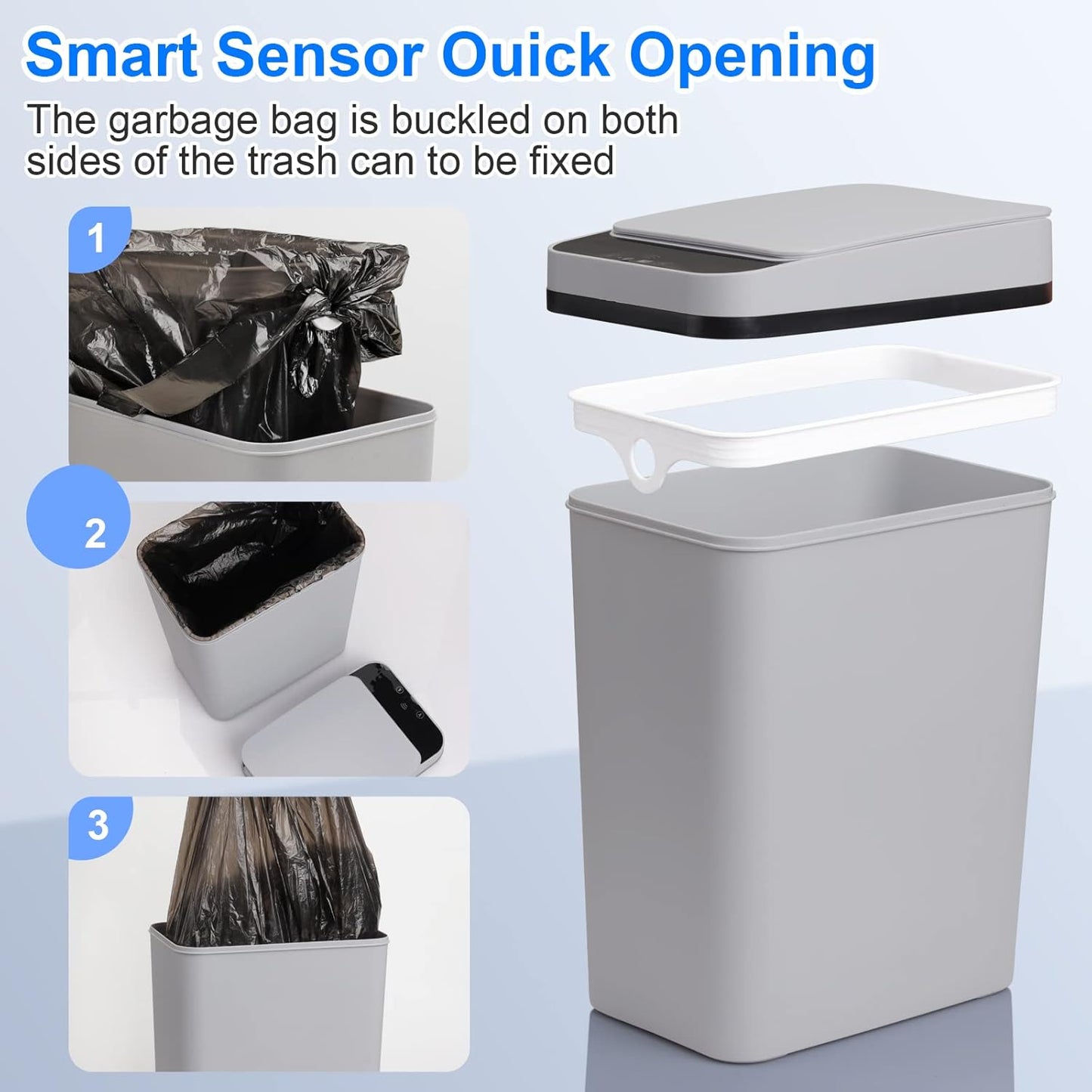 Smart Touchless Bathroom Trash Can 2.2 Gallon Automatic Motion Sensor Rubbish Can with Lid Electric Narrow Small Garbage Bin for Kitchen, Office, Toilet, Bedroom (Grey)