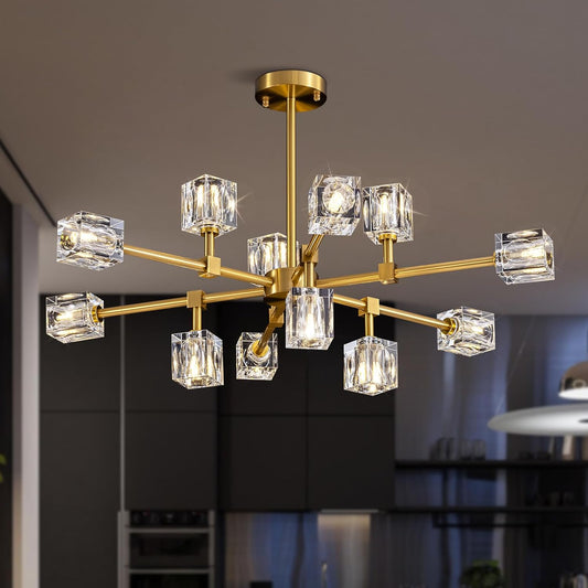 Crystal Chandeliers for Dining Room Light Fixtures,Gold Sputnik Chandelier with 12-Lights,Modern Adjustable Height Semi Flush Mount Ceiling Light Fixture for Kitchen Island Bedroom Entryway