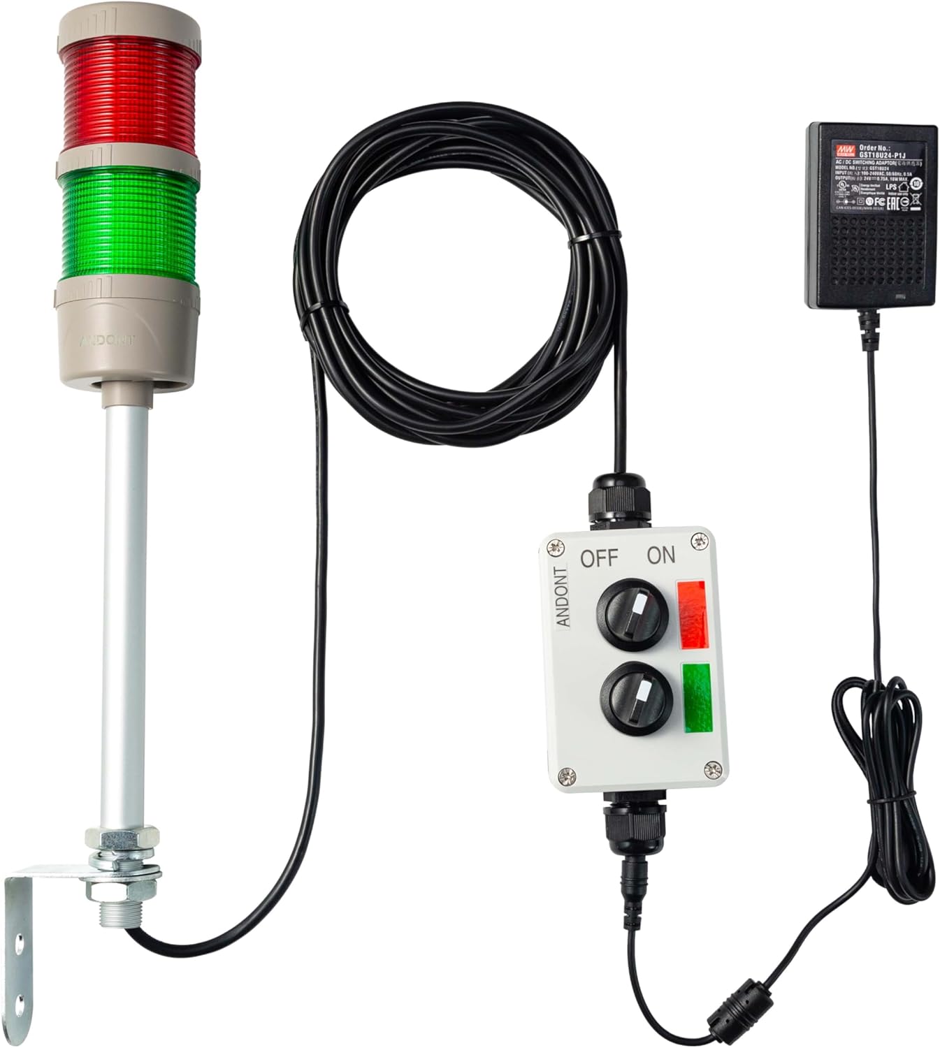 2 Stack Super Bright LED Andon Tower Lights with Buzzer, Red/Green, Off-ON or Flash,16 ft Extension Cord, 6 ft Industrial Adapter, Plug Play Ready – for Manufacturing & Industrials, Automotive