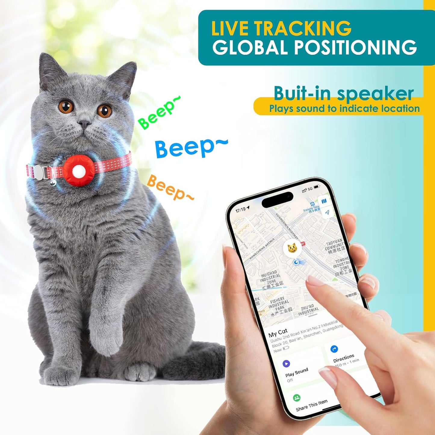Cat Tracker, Pet Tracker for Cats, Cat Tracker Collar with Safety Elastic Buckle, Works with Any Collar,Compatible with Apple Find My App (Only iOS), No Monthly Fee Pet Tracker, Red