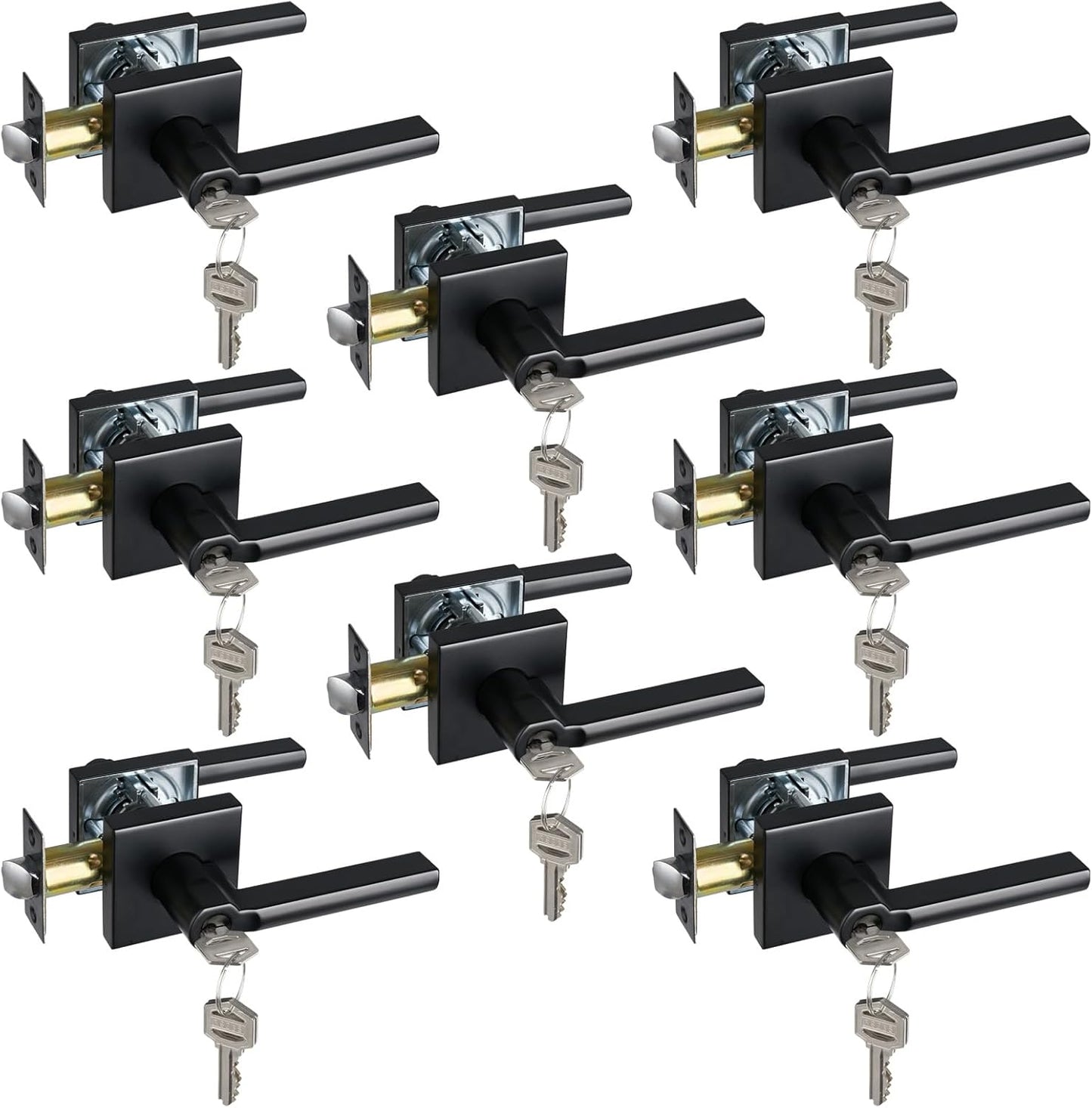 Keyed Entry Door Lever with Lock, Heavy Duty Square Interior Handle for Front Door and Office, Matte Black, Reversible for Right&Left Handed, 8Packs