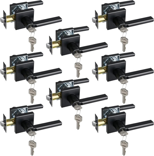 Keyed Entry Door Lever with Lock, Heavy Duty Square Interior Handle for Front Door and Office, Matte Black, Reversible for Right&Left Handed, 8Packs